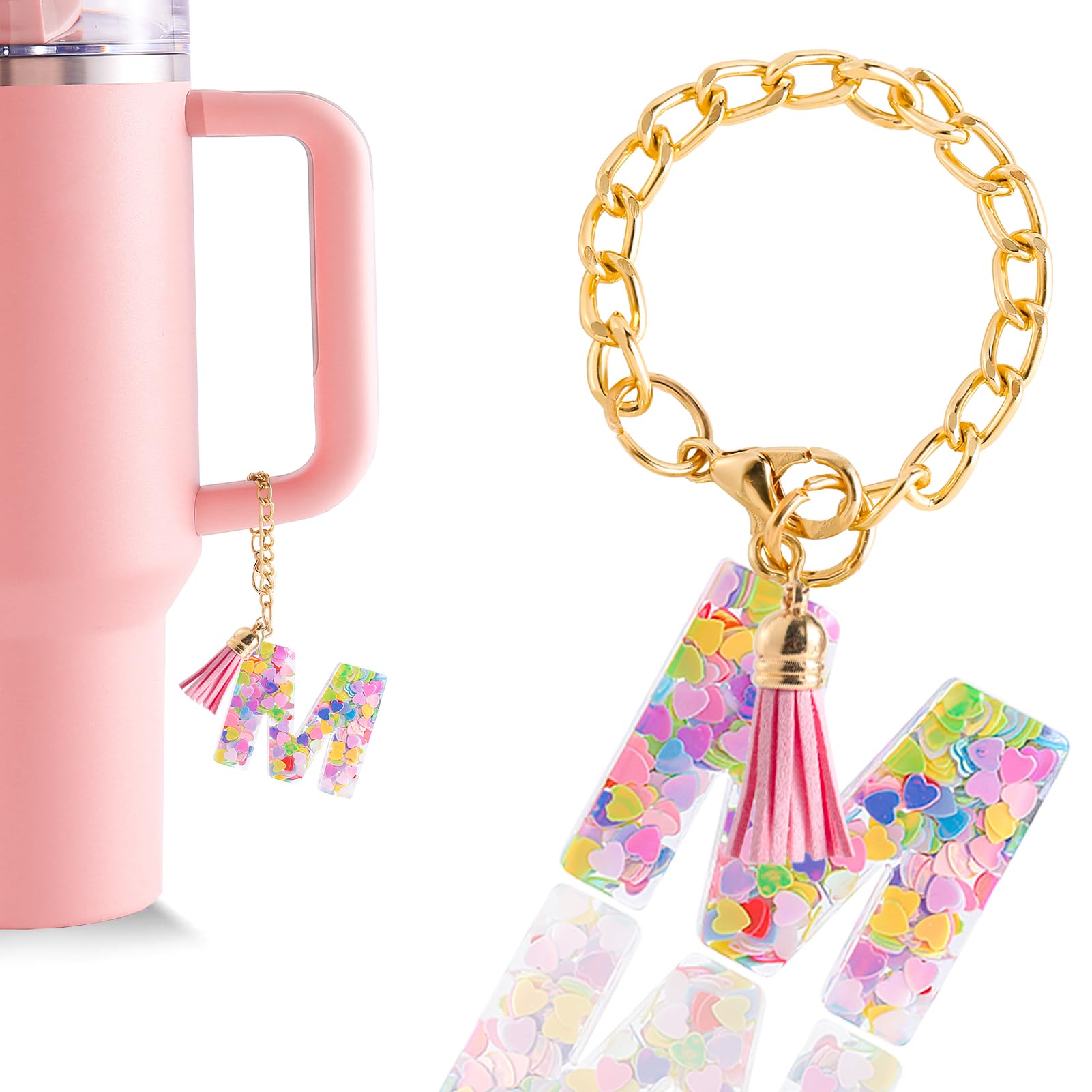 Letter Charm Accessories for Stanley Cup 1 PCS Cute Initial Keychain Handle Charm for Stanley Tumbler for Women Pink Letter M