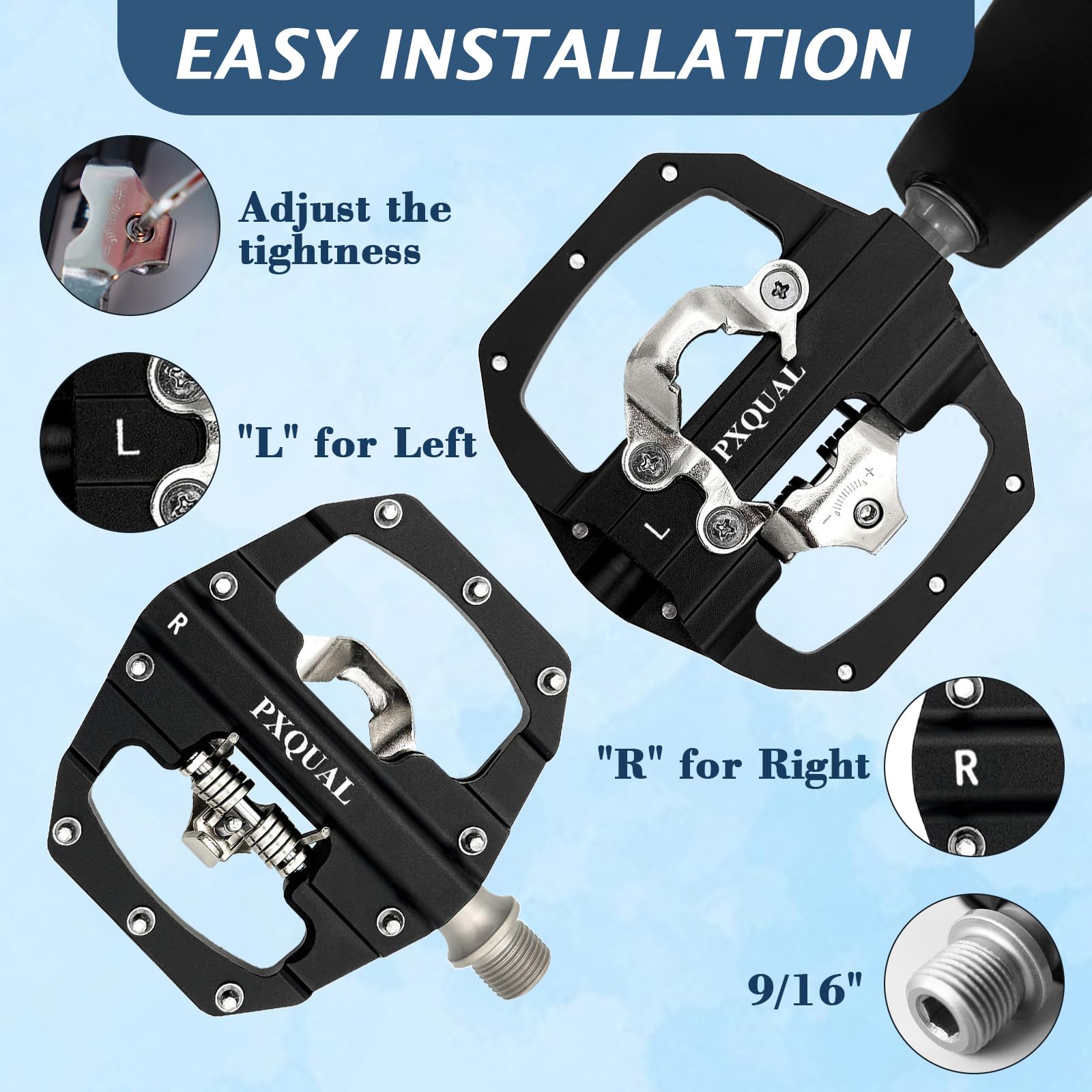 Pxqual SPD Bike Pedals - SPD Clipless & Flat Platform Combo Pedals for MTB & Road Bikes,9/16 Aluminum Alloy Sealed Bearing, Easy