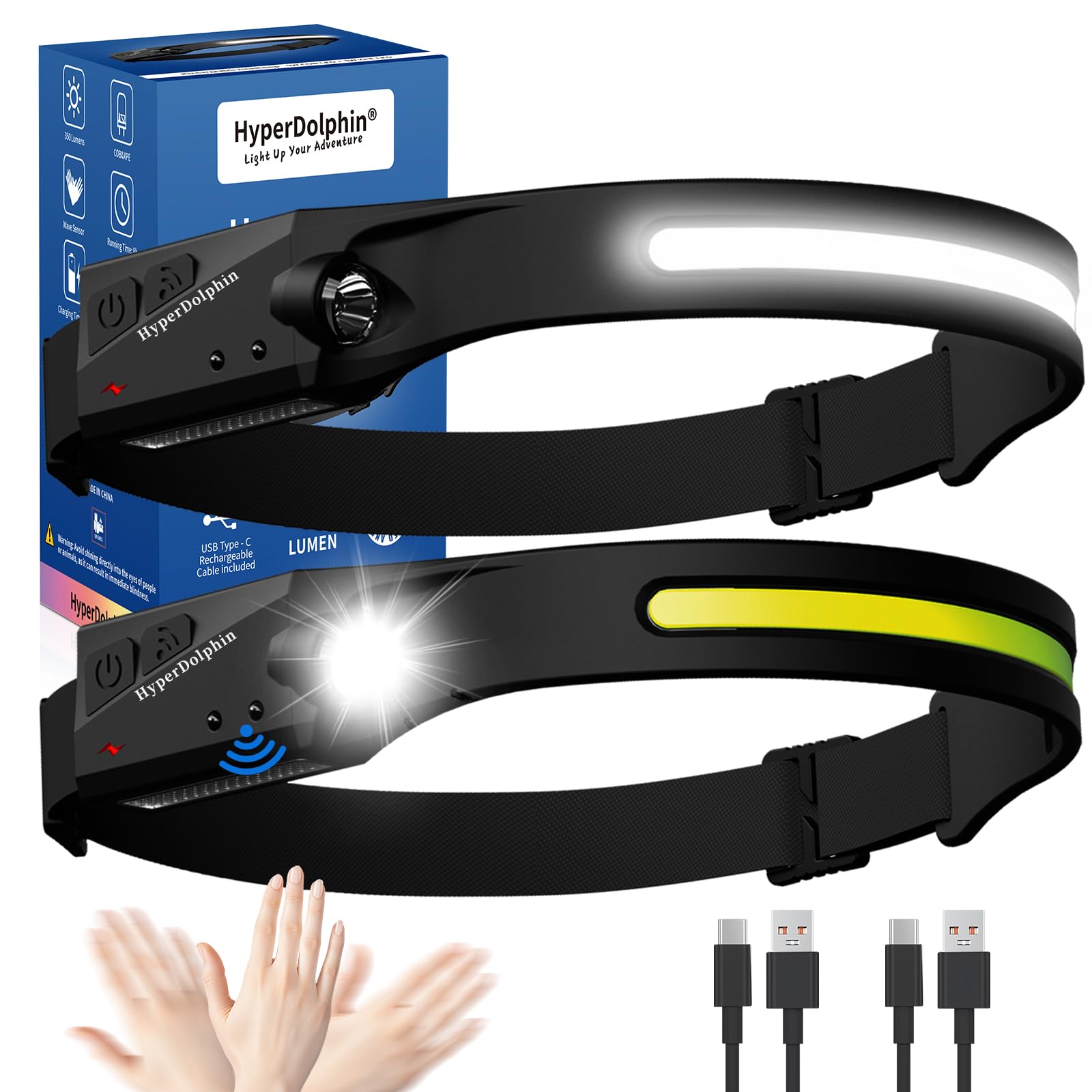 Headlamp Rechargeable (2-Pack), 230 Headband Light Forehead, USB Head lamp Band, 350 Lumen Super Bright, 5 Modes