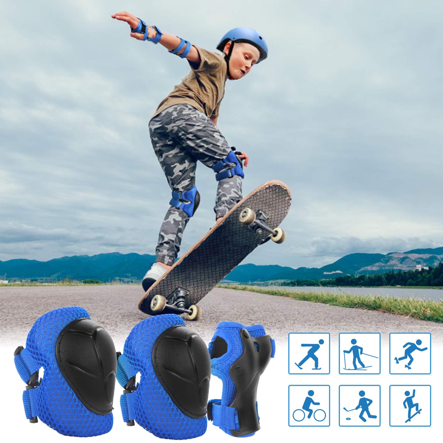 WayEee Kids Bike Helmet Set Skateboard Knee Pads, 7PCS Protective Gear Adjustable for Girls Boys 3-10 Age Elbow Pads Wrist Guard