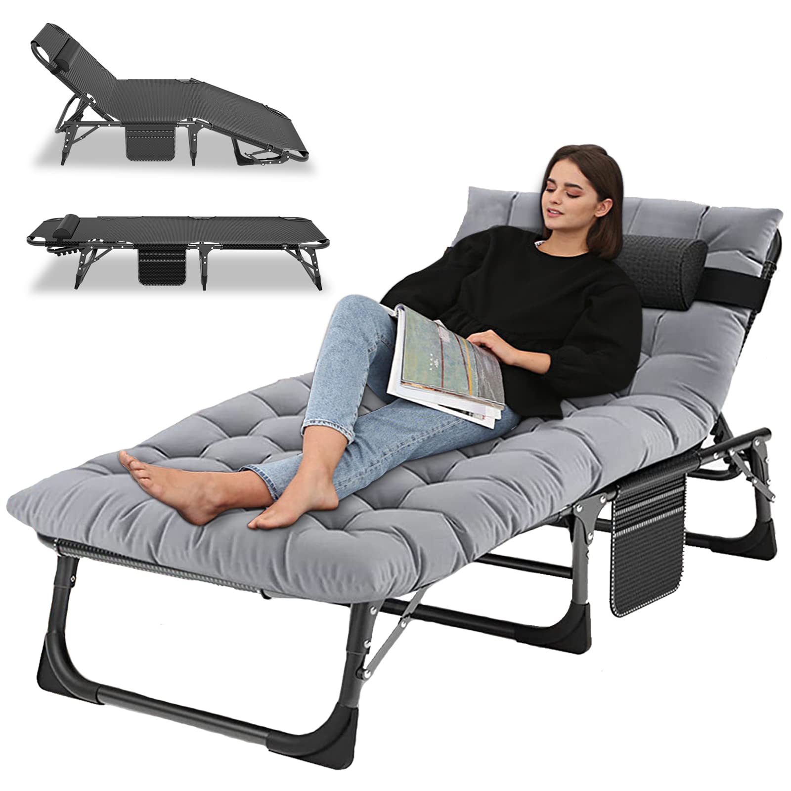LILYPELLE Adjustable 4-Position Camping Cot, 500lbs, Folding Chaise with Pillow, Outdoor Portable Furniture for Adults, Cot Bed 