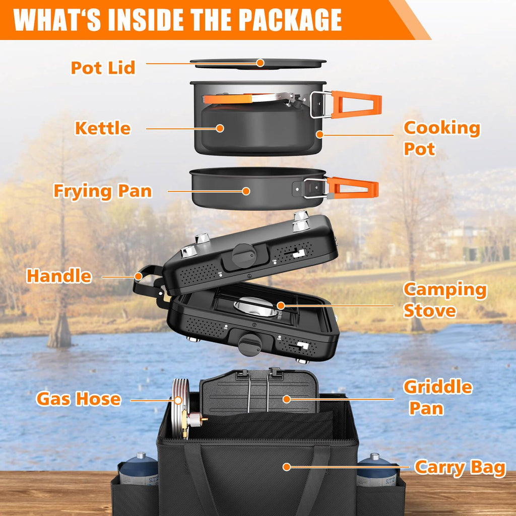 Hisencn 2 Burner Foldable Camping Stove With Griddle,Portable Propane Camp Stove, 20000 Btu Propane Stove, Outdoor Gas Stove Wit