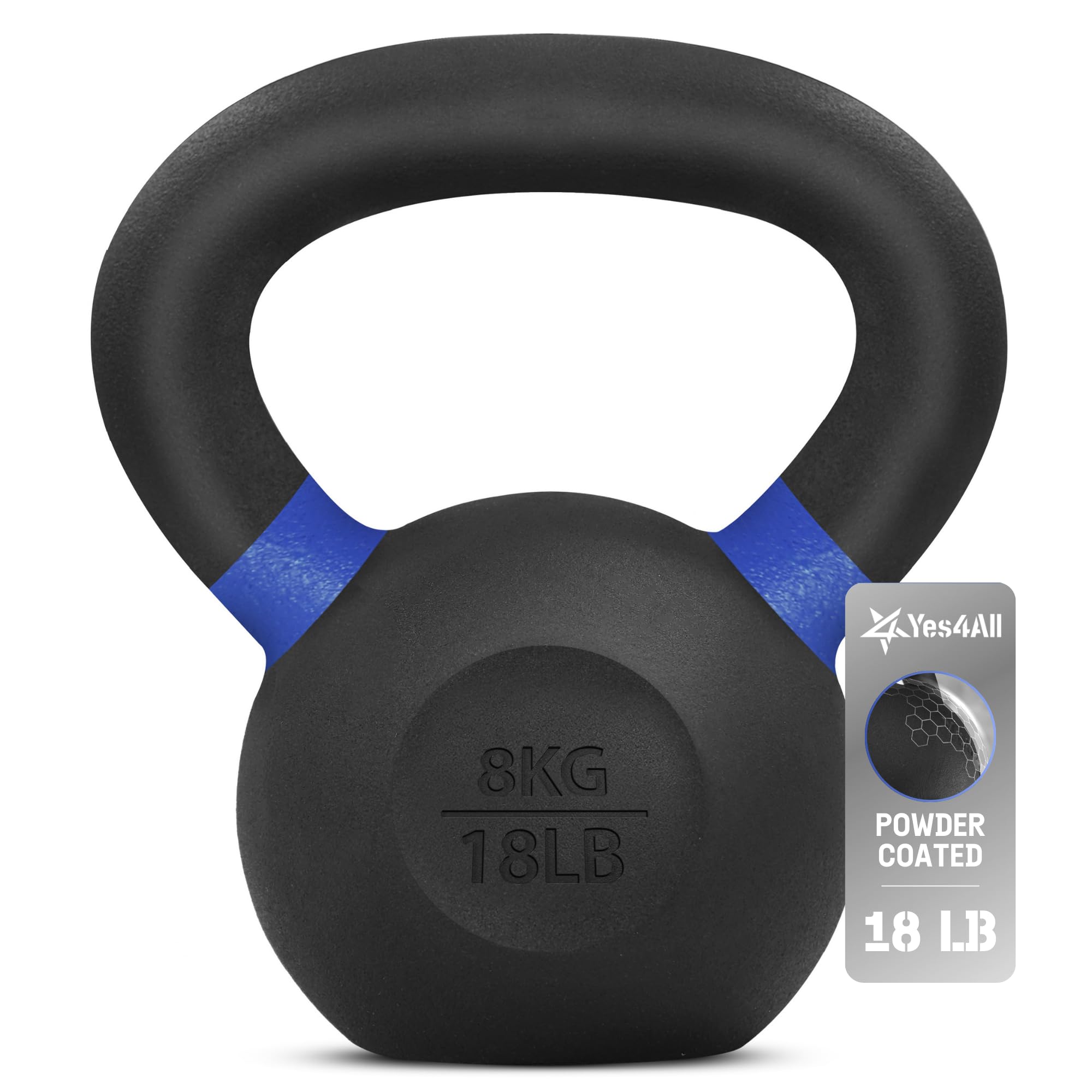 Yes4All Powder Coated Cast Iron Competition Kettlebell With Wide Handles & Flat Bottoms - 8 Kg / 18 Lb