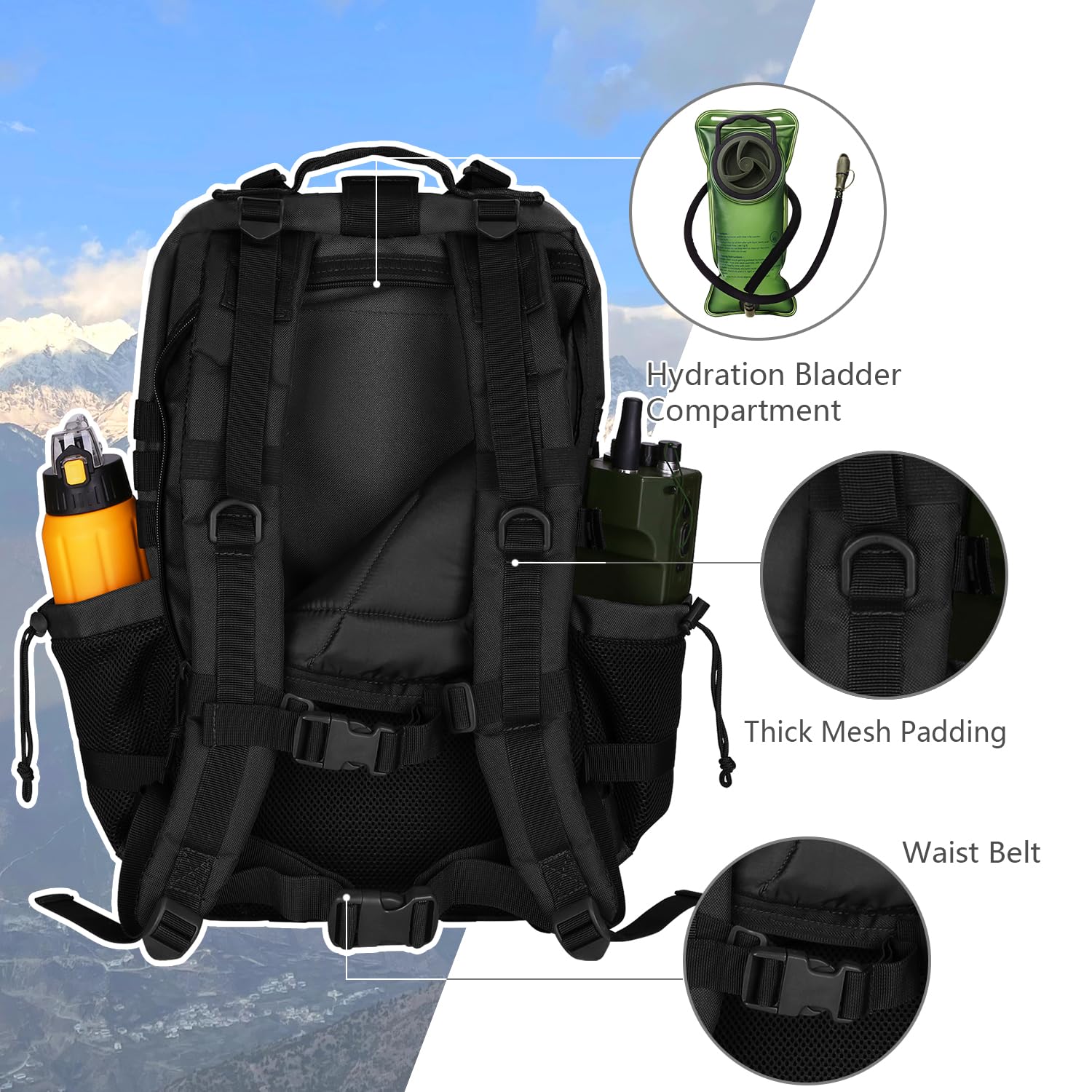 Hannibal Tactical 45L Molle Assault Backpack, Tactical Backpack Military Army Camping Rucksack With Bottle Holder, 3-Day Pack Tr