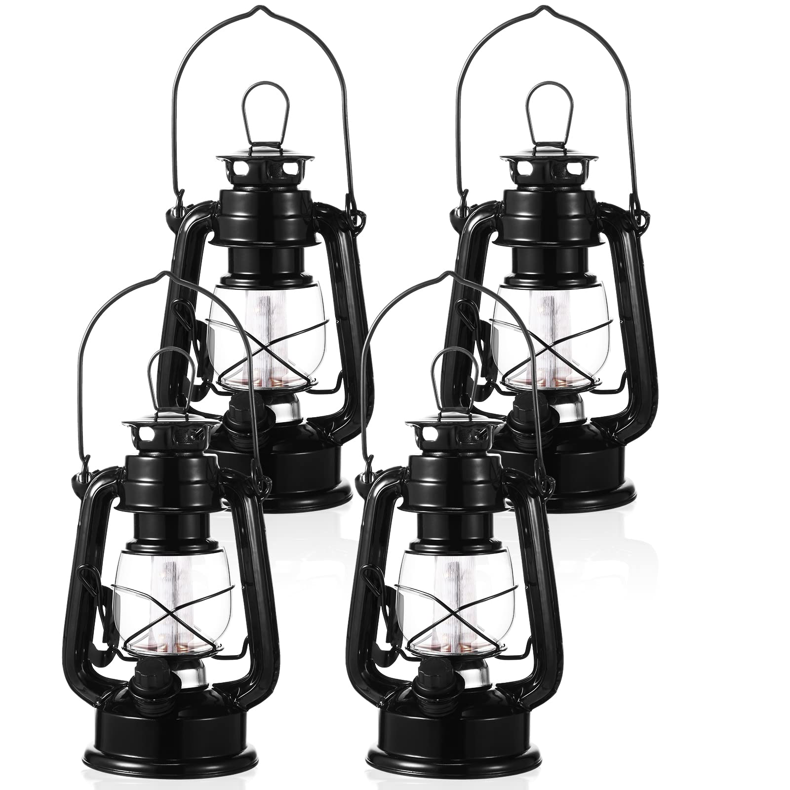 Hortsun 4 Pcs 8 Inch Vintage LED Hurricane Lantern Metal Black Outdoor Battery Operated Hanging Lantern with Warm LEDs and Dimme