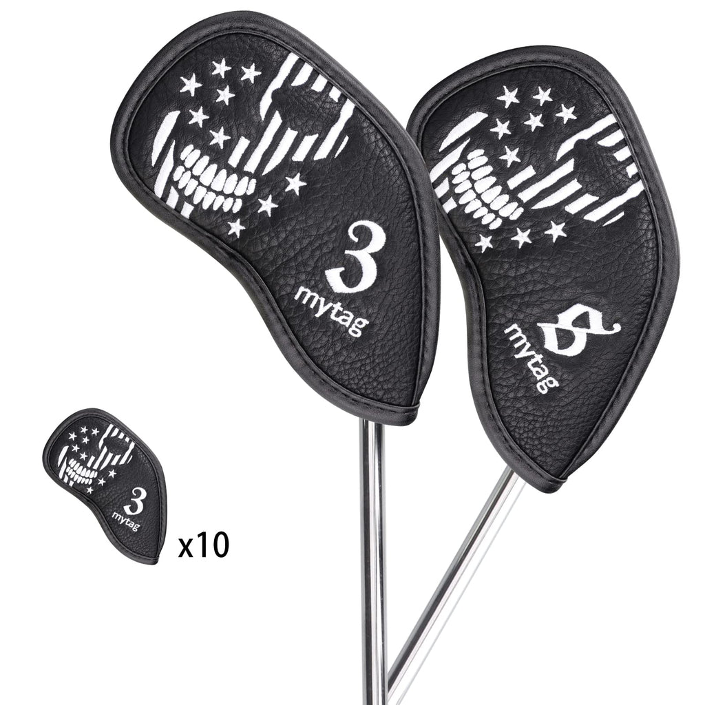 Caiobob Mytag Golf Iron Head Cover Wedge Headcover Set Black Synthetic Leather Skull Skeleton Irons Protector (10Pcs Iron Set(3,