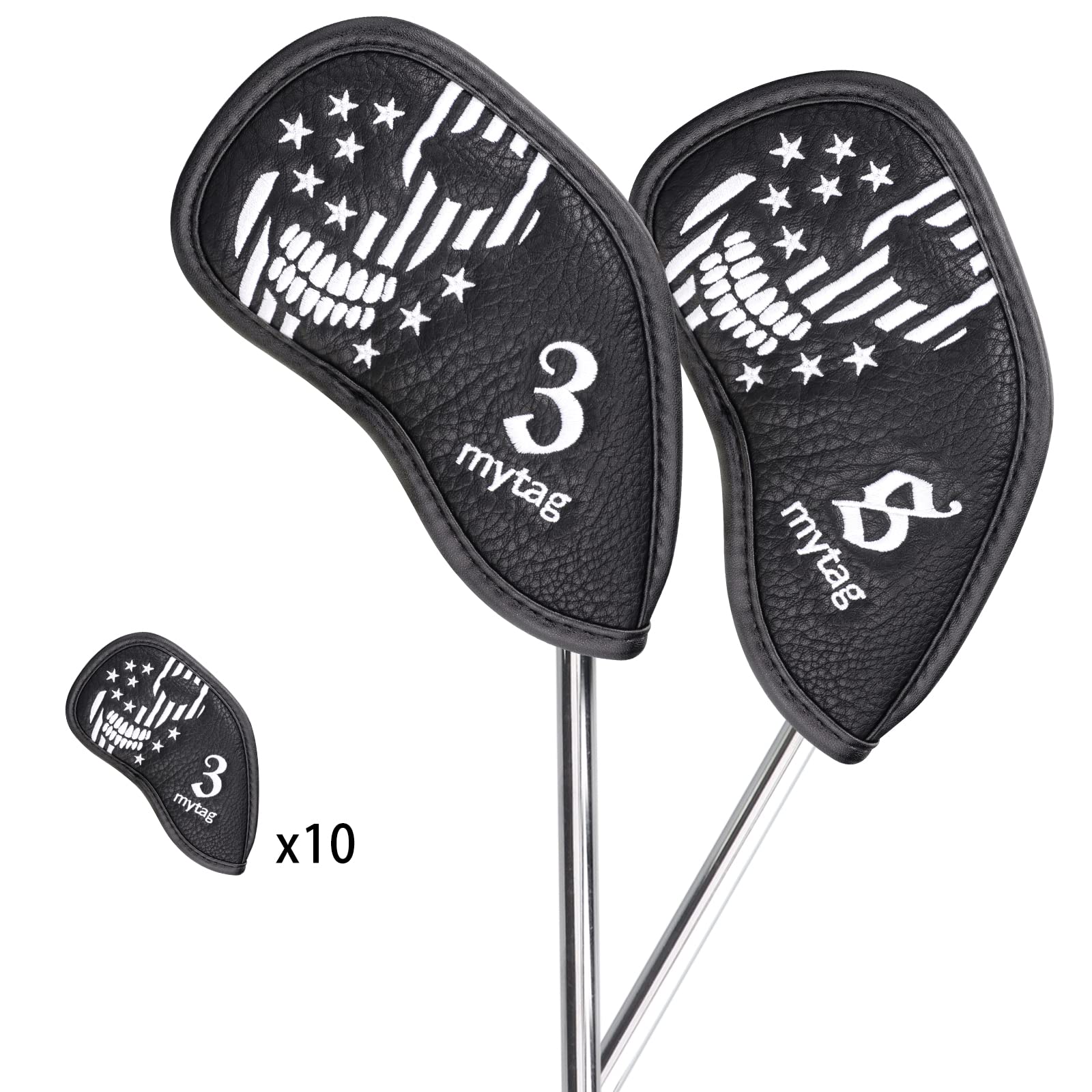 Caiobob Mytag Golf Iron Head Cover Wedge Headcover Set Black Synthetic Leather Skull Skeleton Irons Protector (10Pcs Iron Set(3,