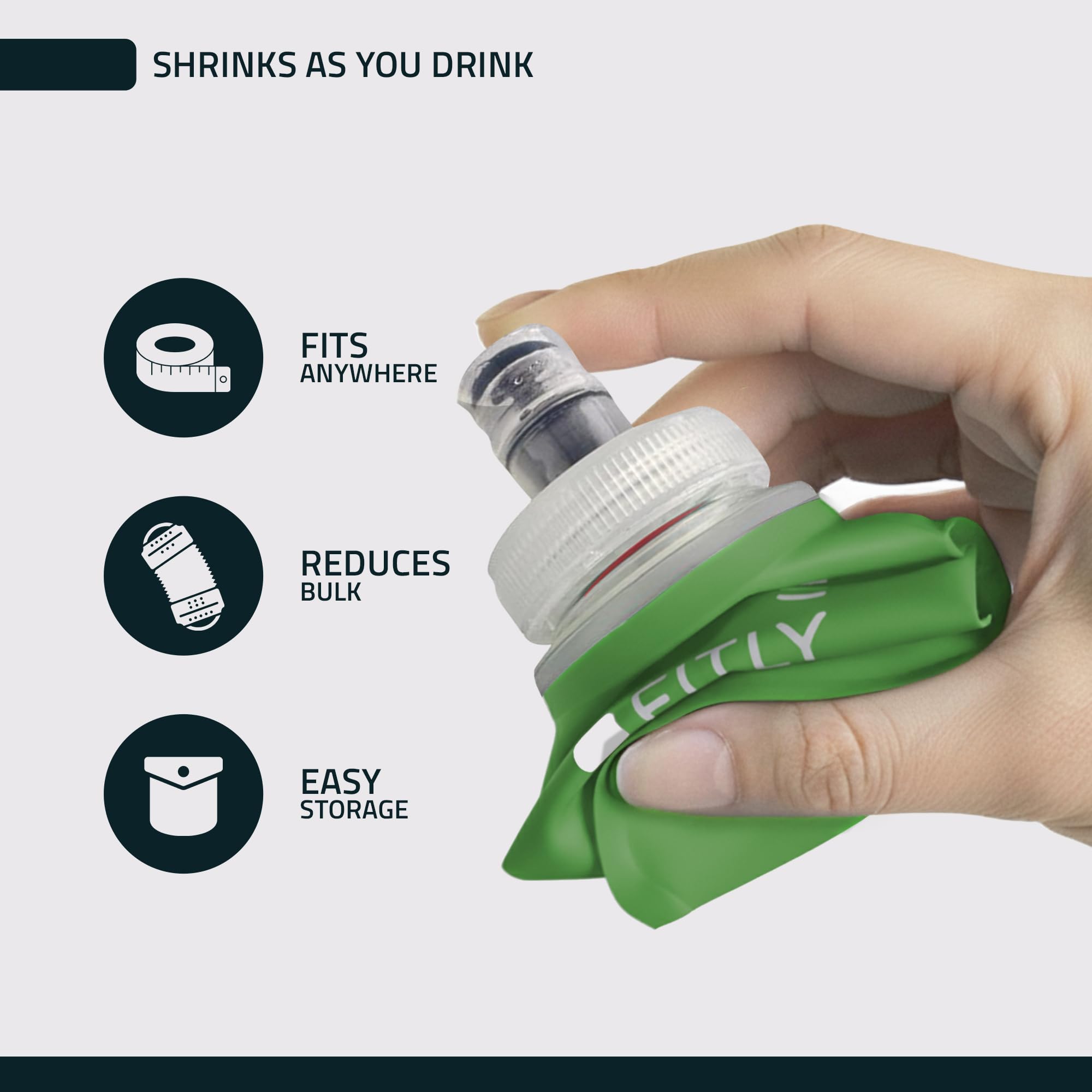 FITLY Soft Flask - (300 ml) - Shrink As You Drink Pocket Soft Water Bottle for Hydration Pack/Running Vest - Folding Water Bottl