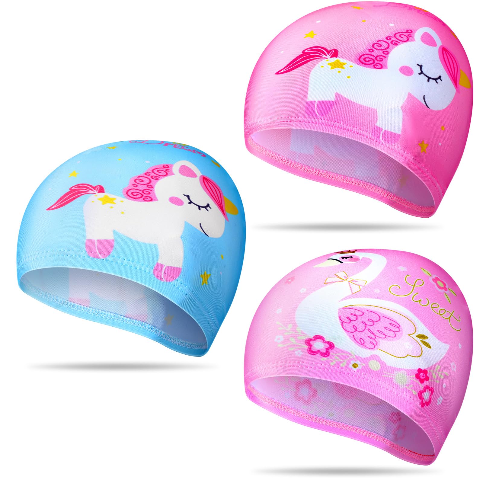 Geyoga 3 Pcs Kids Swim Caps for Boys Girls Age 2-12 Swimming Hat Swan Unicorn Pool Cap Child Swim Hat for Toddler Youth