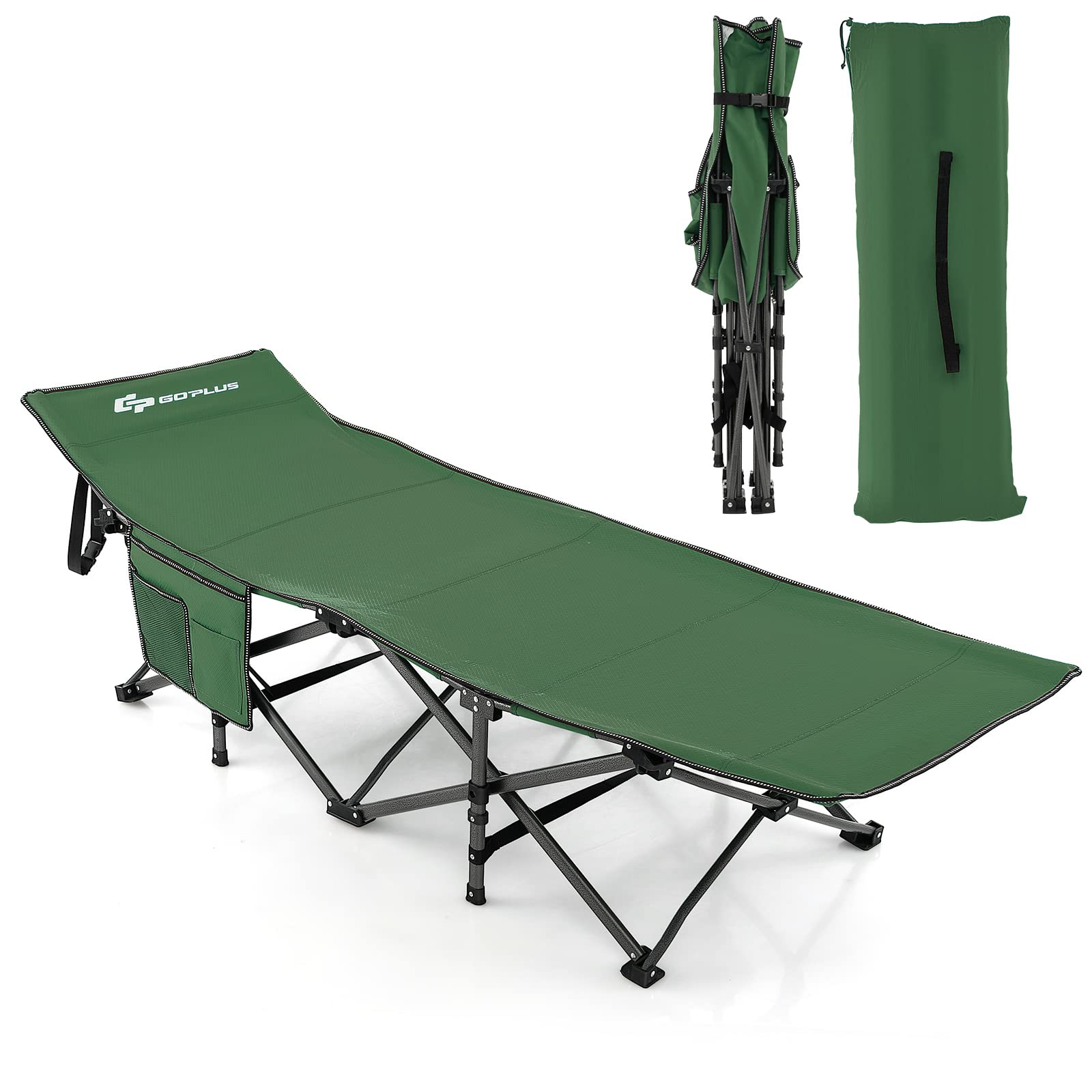 Goplus Folding Camping Cot, 27.5'' Sleeping Cot For Adults With Carry Bag, 600Lbs Weight Capacity, Slanted Head, Side Pocket, He