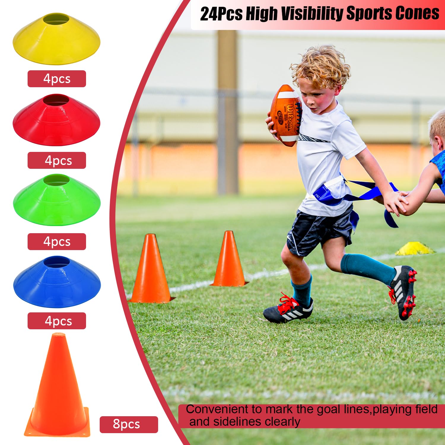 Flag Football Set, 28 Players Flag Football Belts & Flags Set, Includes 28 Belts, 56 Football Flags, 8 Cones And 16 Disc Cones (