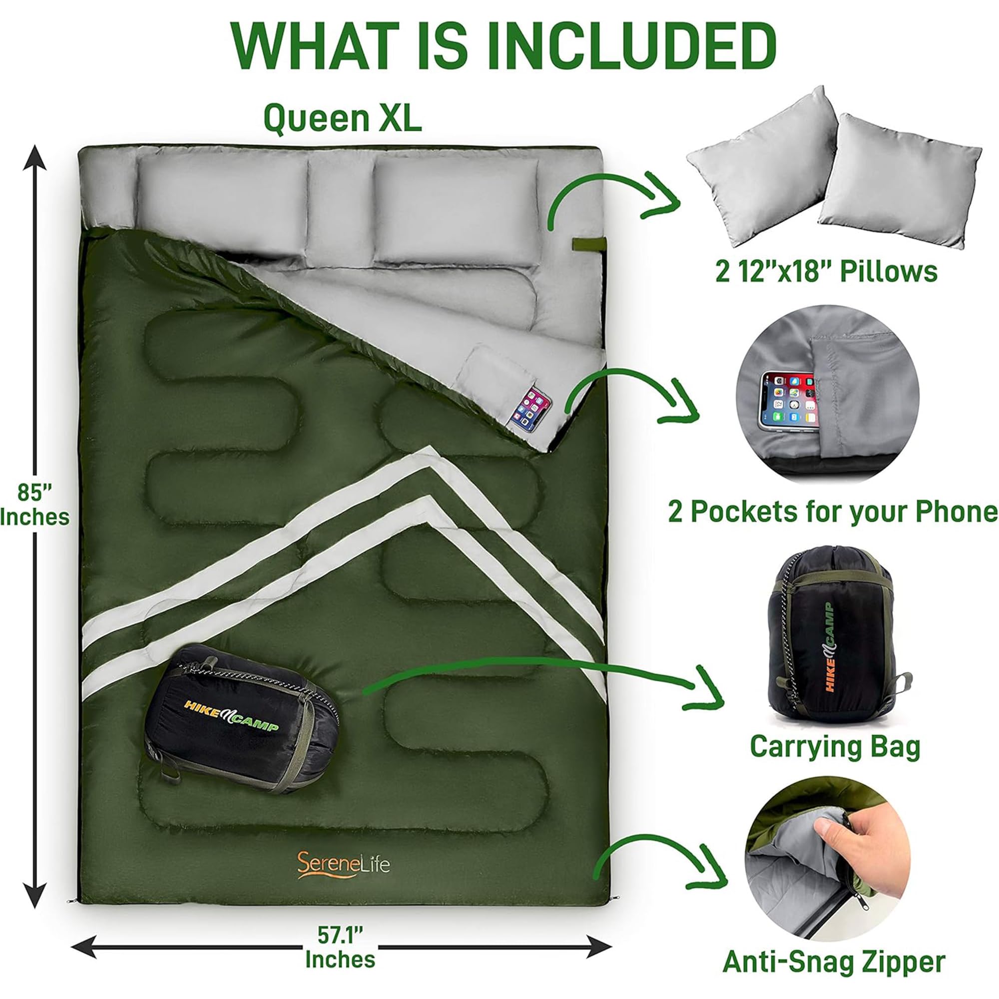 Serenelife Backpacking Sleeping Bag Camping Gear-Double Sleeping Bag For Adults/Teens W/2 Pillows,Bag-Outdoor Lightweight Weathe