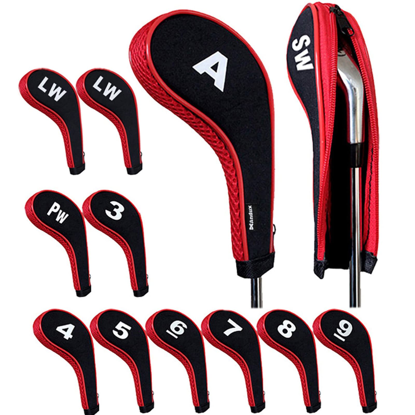 Andux Number Print Golf Iron Club Head Covers Long Neck With Zipper 12Pcs/Set Black/Red