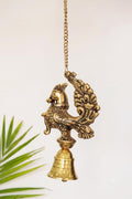 Kridaykraft Decorative Peacock Design Hanging Bell For Home Decor, Antique Gold Finish Metal Door Hanging, Spiritual Wall Hangin