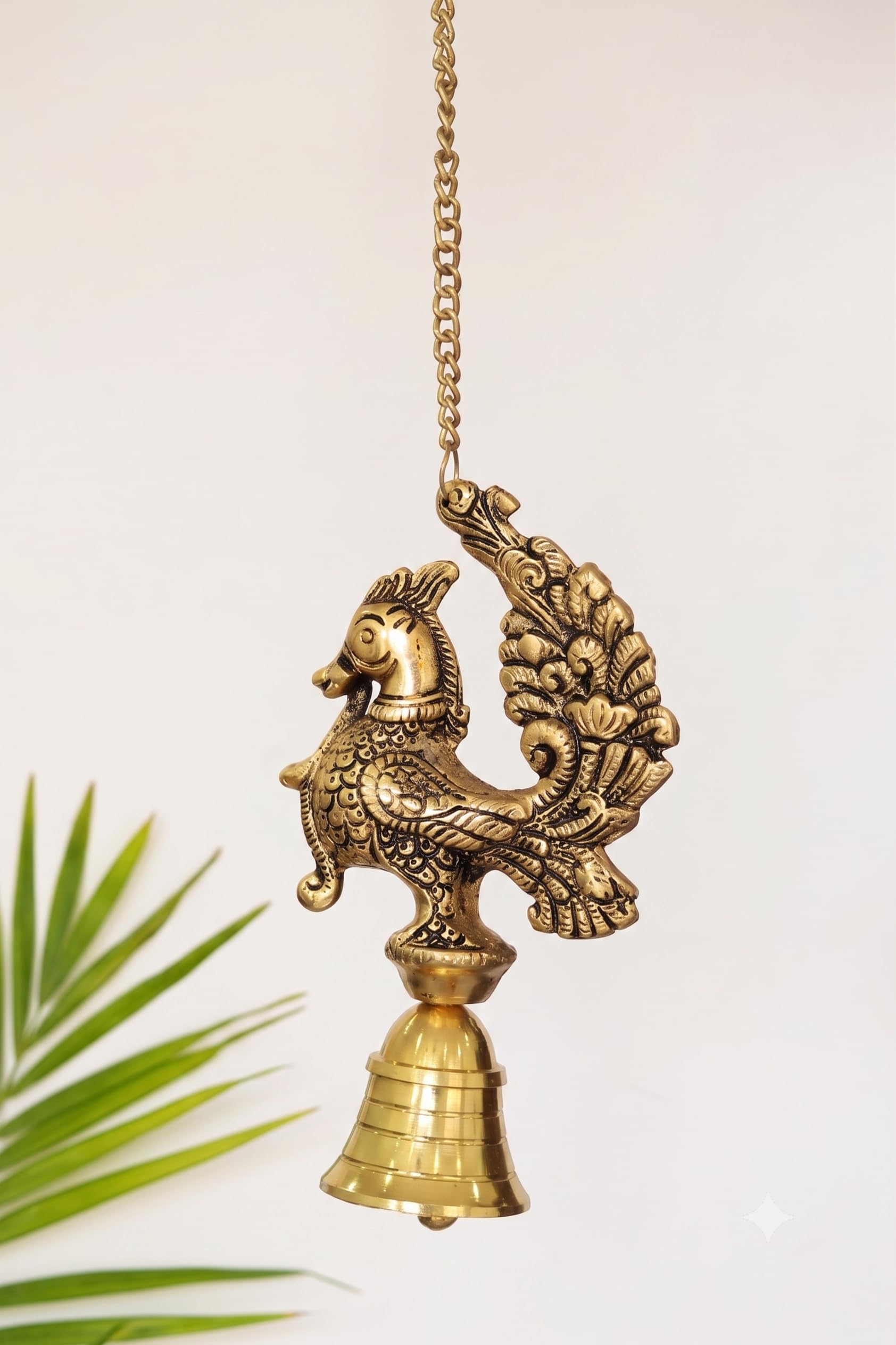 Kridaykraft Decorative Peacock Design Hanging Bell For Home Decor, Antique Gold Finish Metal Door Hanging, Spiritual Wall Hangin
