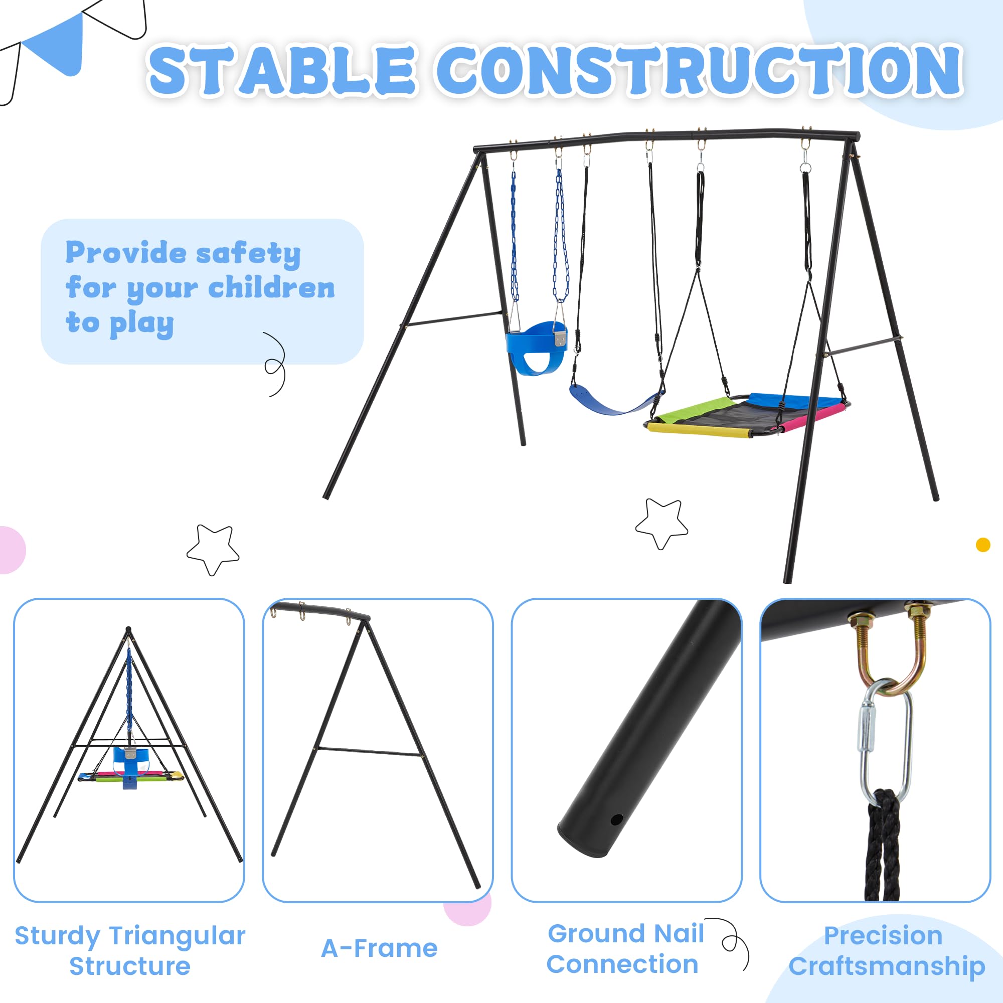 Erommy 3 Seats Swing Sets For Backyard, 1 Saucer Swing, 1 Belt Swing And 1 Baby Swingset, Heavy Duty Outdoor Playset With Adjust
