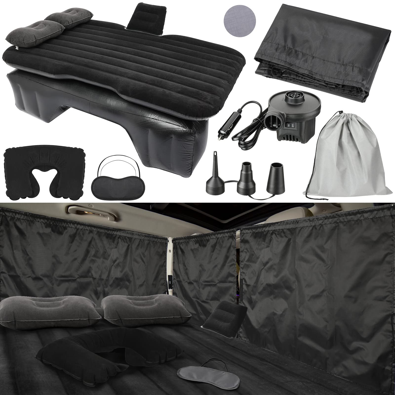 Tallew 12 Pcs Car Air Mattress Back Seat Inflatable Bed Suv Car Camping Backseat Truck Air Mattress Curtain Divider Window Shade