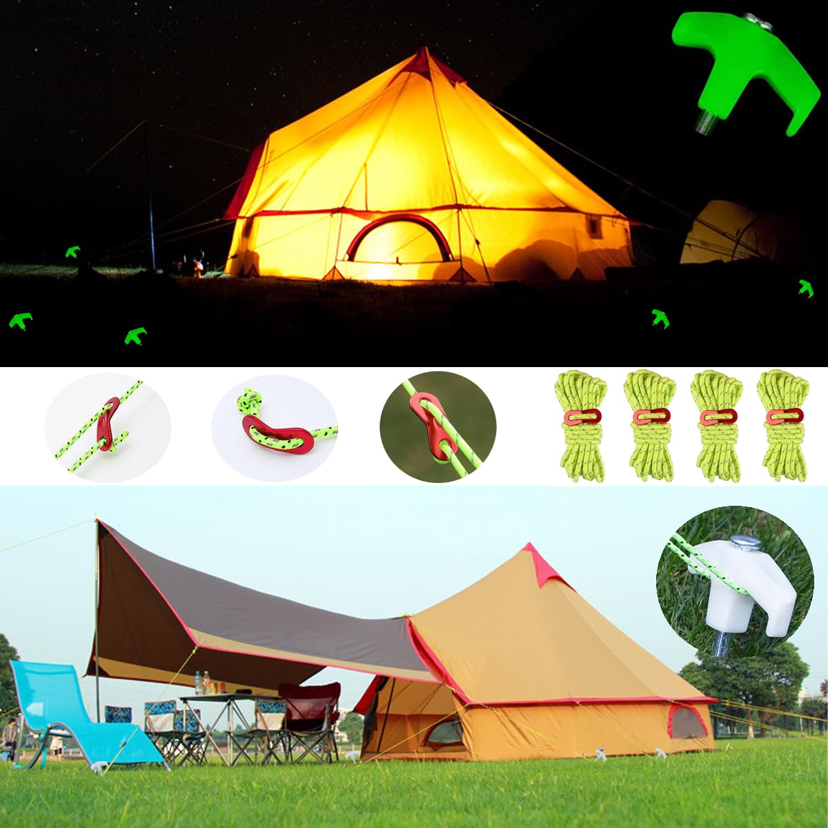Tent Pile, 9.8 ''Heavy-Duty Luminous Canopy Camping Pop-Up Tent Pile, Rope Adjuster Storage Bag, Heavy-Duty Metal Pile For Garde