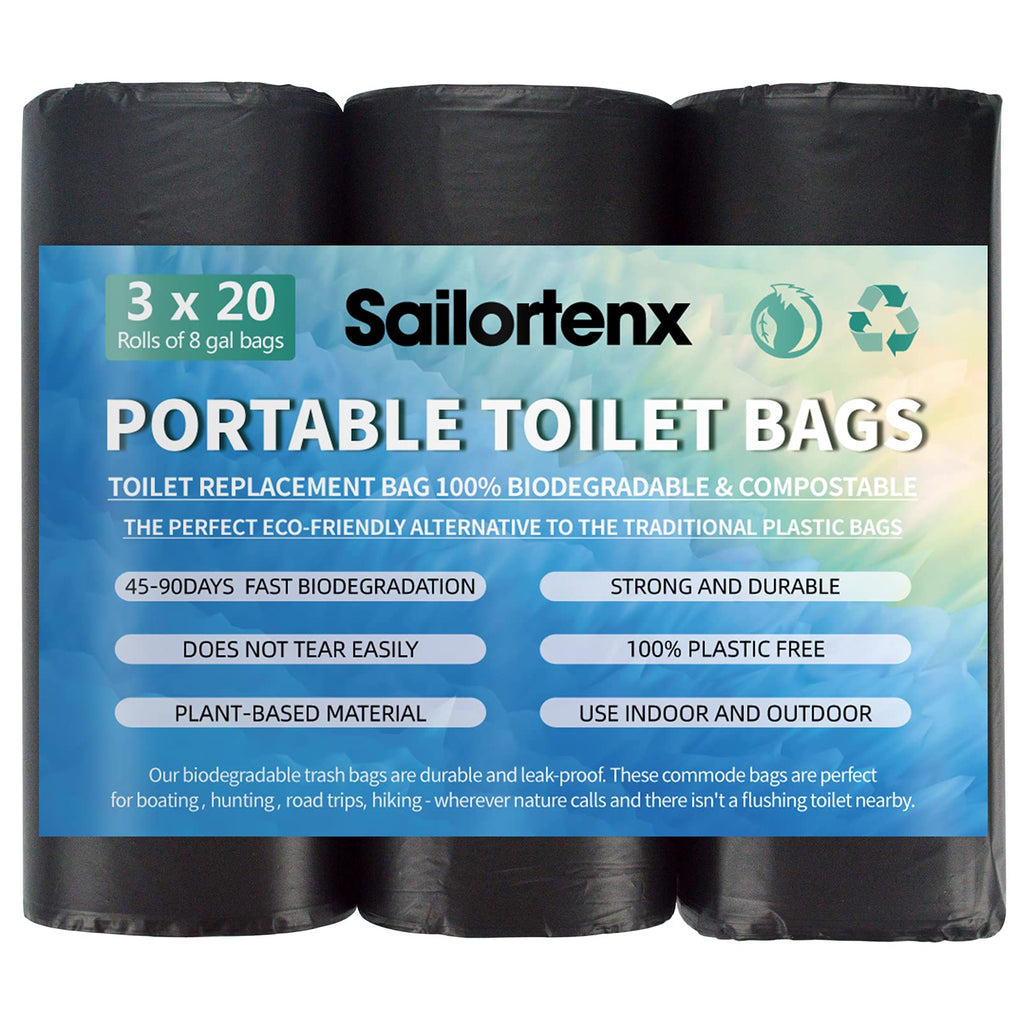 Sailortenx 60 Portable Toilet Bags 100% Compostable 8 Gallon Camping Toilet Bags Use With 5 Gallon Bucket Toilet Waste Bags, Dis