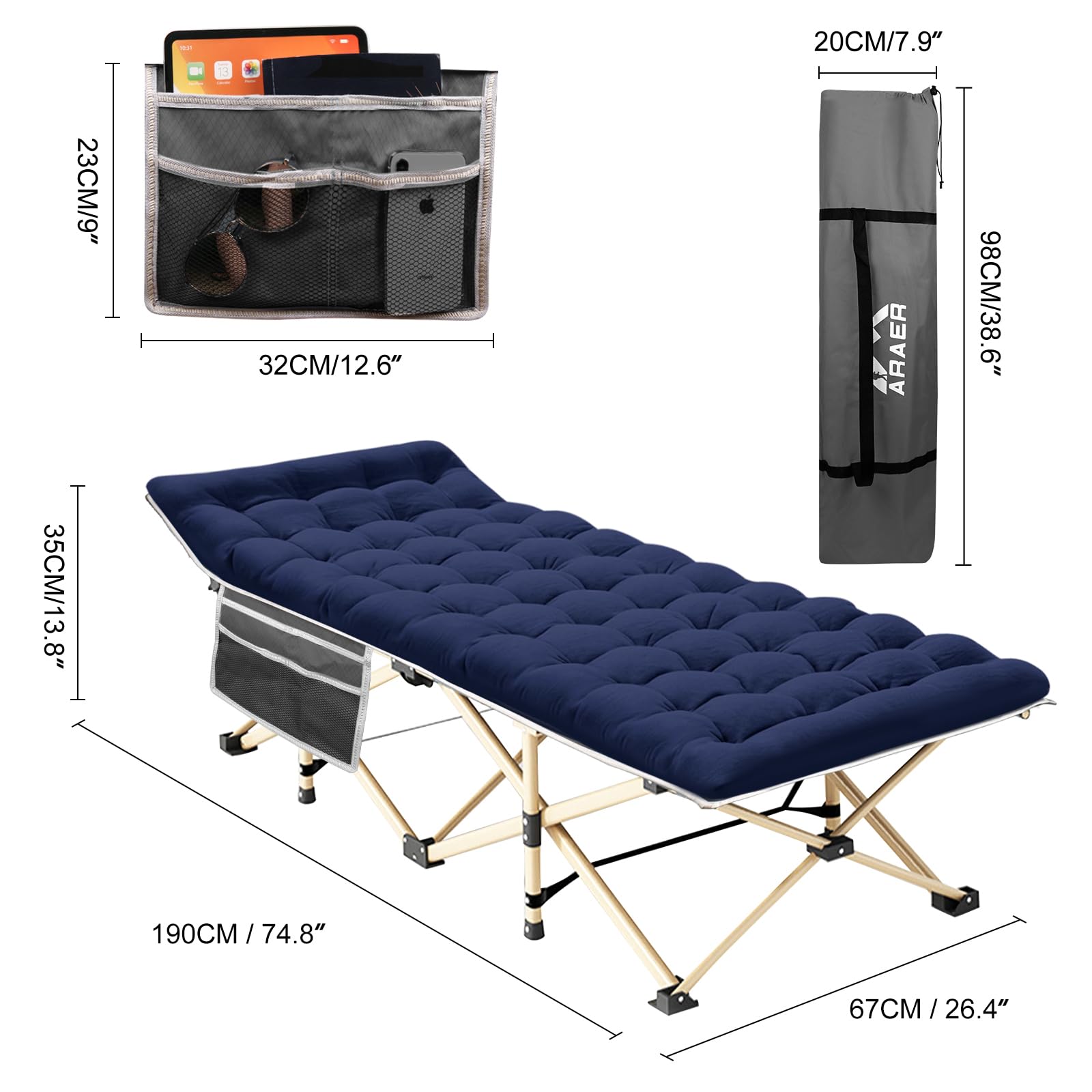 Araer Camping Cot, Portable Folding Outdoor Bed With Mattress Carry Bag, Heavy Duty Sleeping Cots For Adults Kids Travel Camp Be