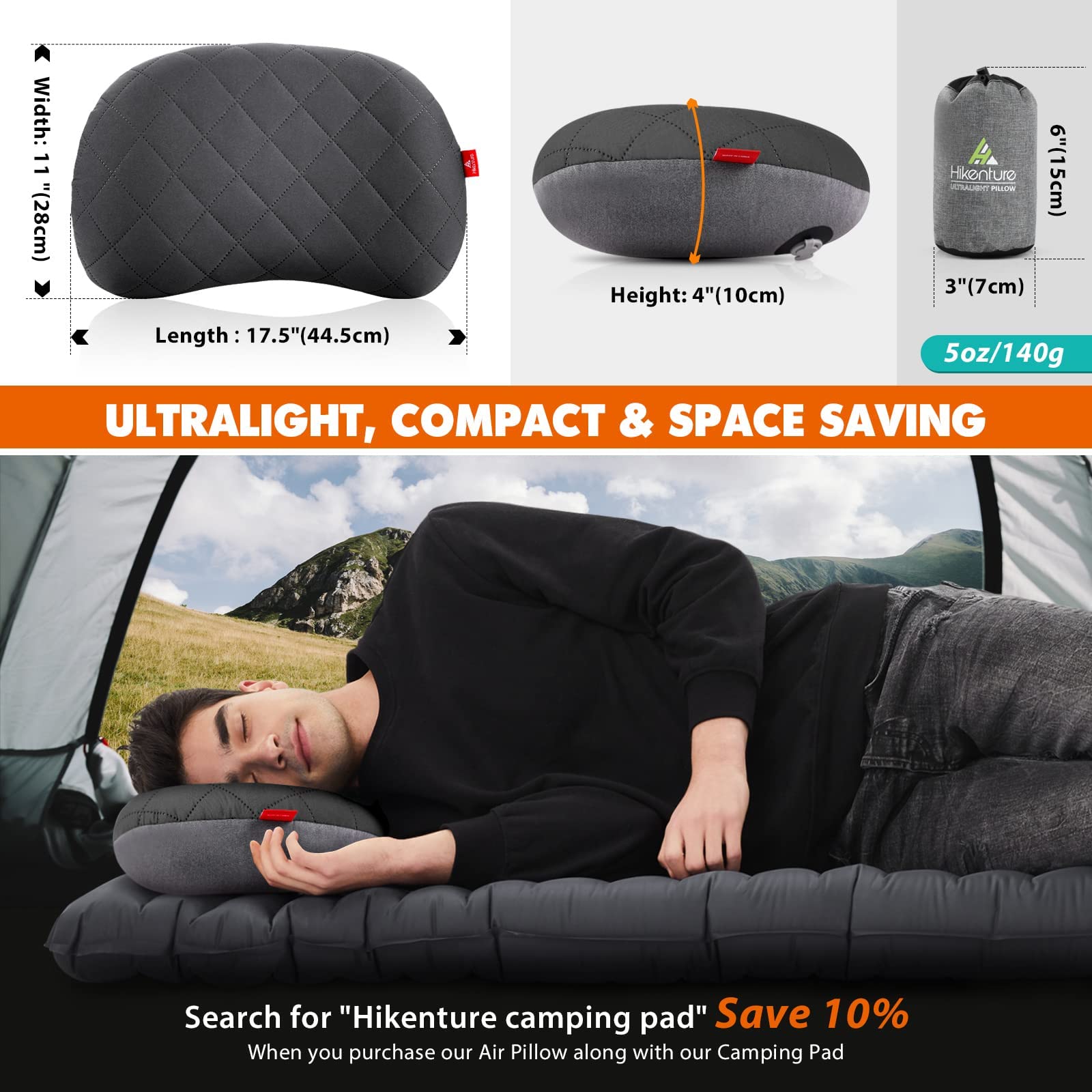 Hikenture Camping Pillow, Inflatable Air Pillow With Removable Cover, Backpacking Pillow For Sleeping, Ultralight Blow Up Pillow