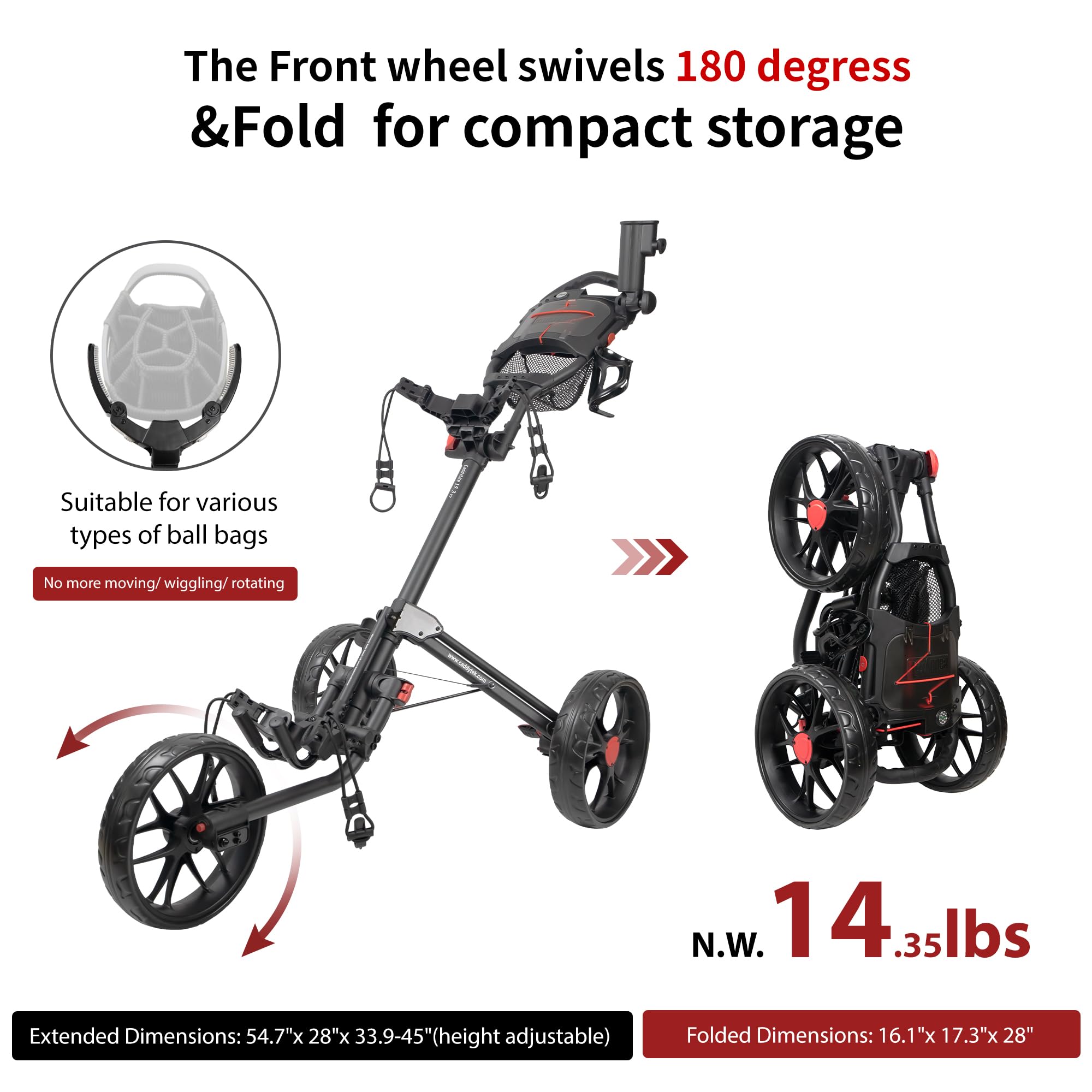Caddytek 3 Wheel Golf Push Cart - Deluxe Quad-Fold Compact Push & Pull Folding Caddy Trolley - Caddylite 15.3 V2,Green