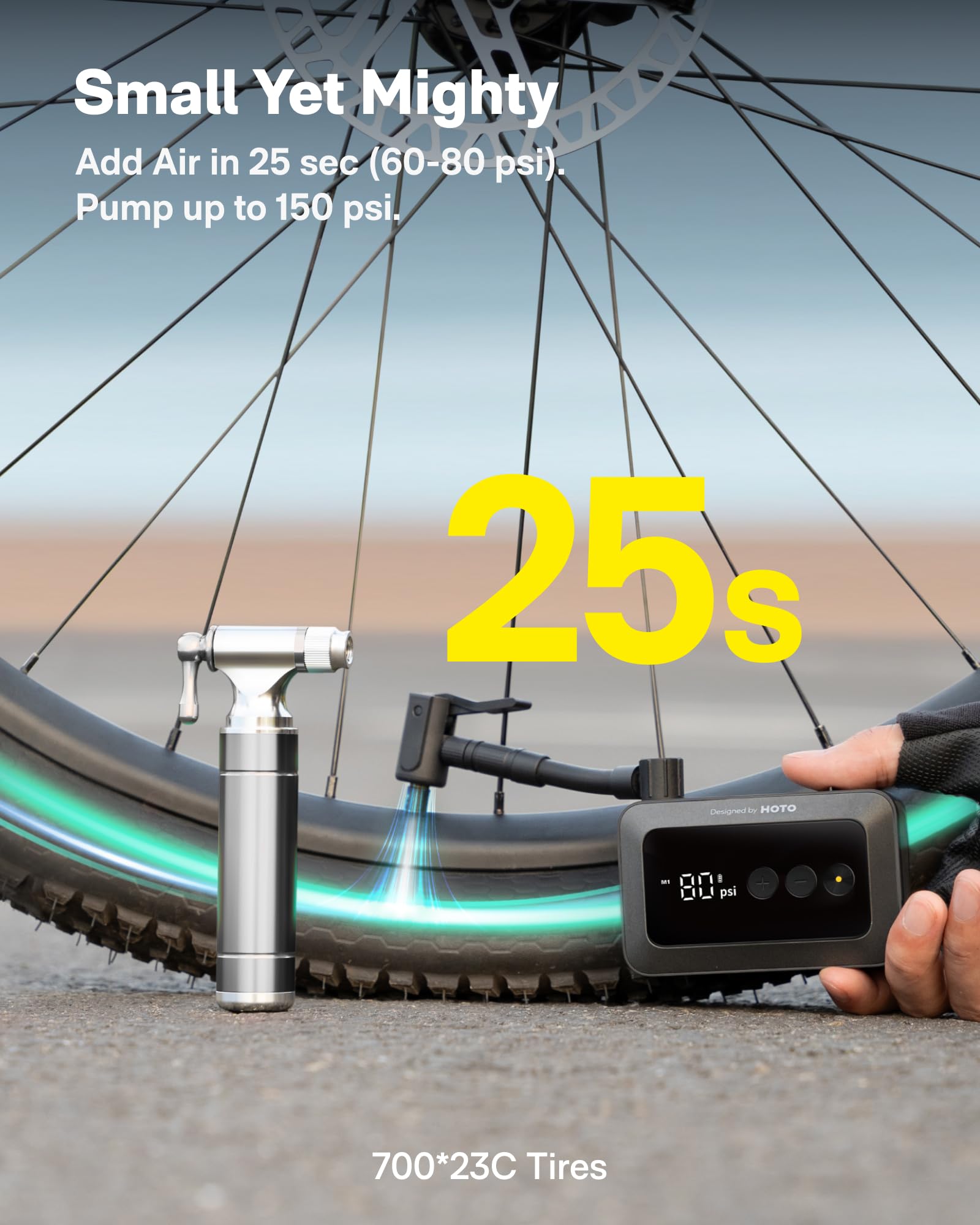 HOTO Mini Bike Tire Pump, 25s Fast Inflate Bicycle Pump with Guage, 150PSI Portable Electric Bike Air Pump with Presta and Schra