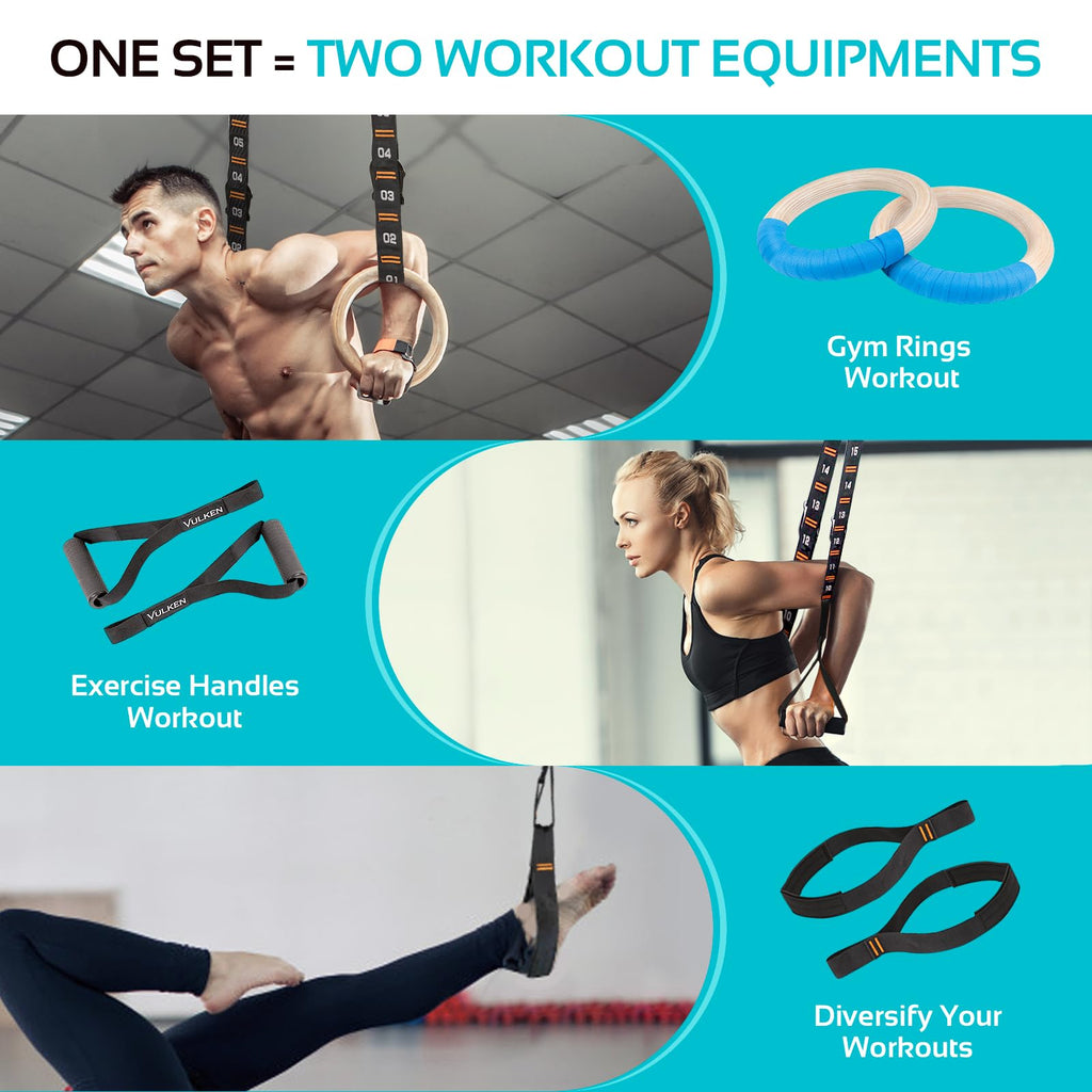 Vulken Wooden Gymnastic Rings With Adjustable Numbered Straps. 1.25'' Olympic Rings For Core Workout, Crossfit, Bodyweight Train