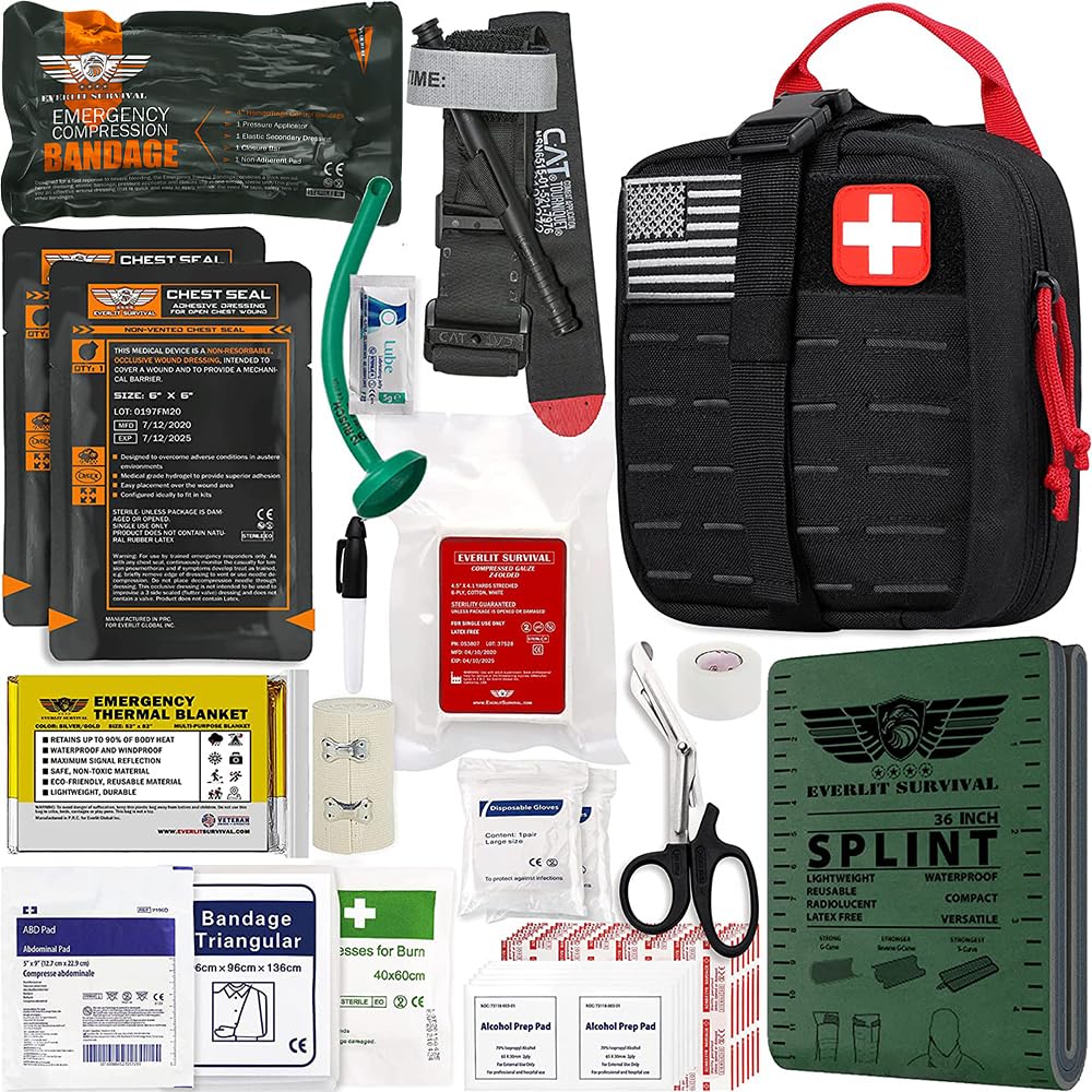 EVERLIT Advanced Trauma Kit, CAT GEN-7 Tourniquet, TCCC Compliant, Mil-Spec Nylon Laser Cut Pouch with 36 Splint, Military Comba