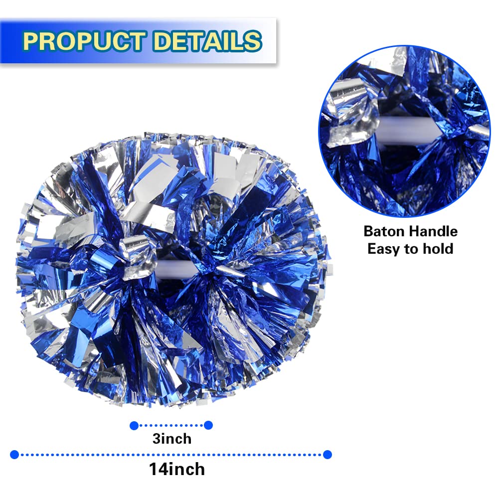 Lovecheer 2Pcs Pom Poms Cheerleading Blue And Silver Metallic Cheer Pom Poms With Baton Handle For Sports Team Spirit Party Chee