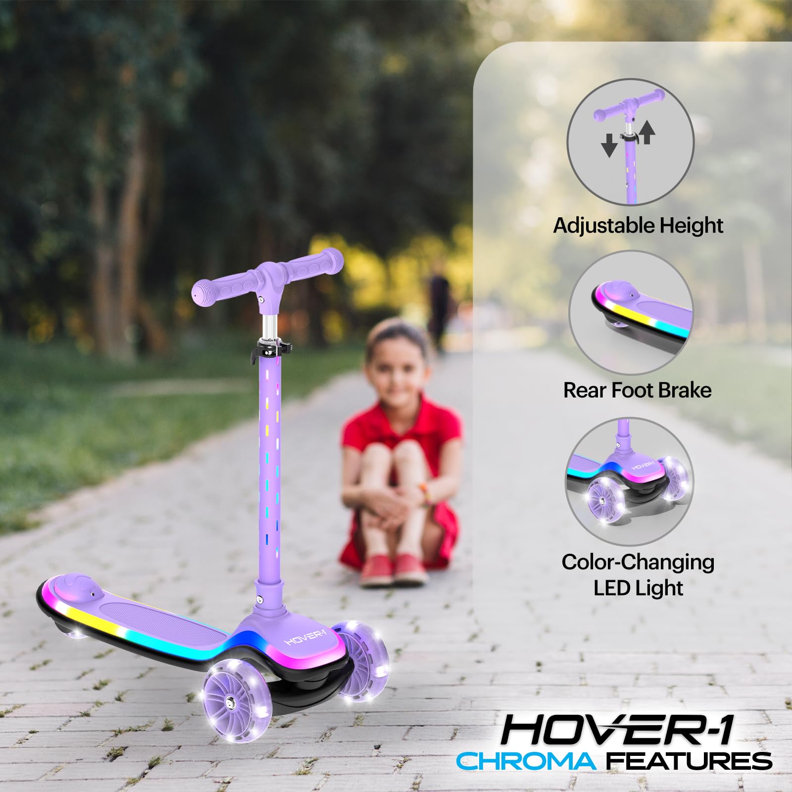 Hover-1 Chroma Folding Kick Scooter for Kids with Multicolor Wheel Lights, 3    Front Wheels, Rear Foot Brake, and 110 LB Weight