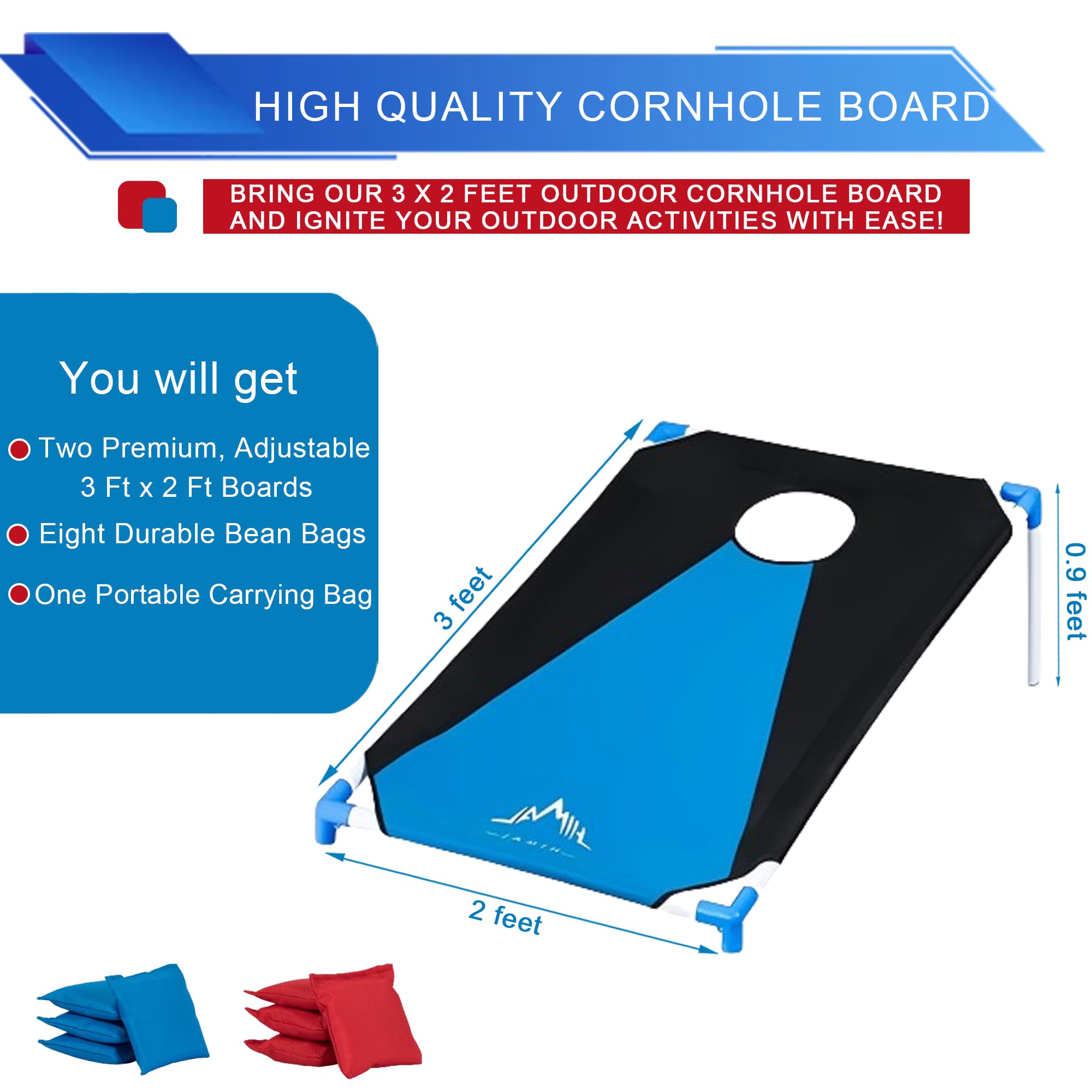Himal Portable Pvc Framed Cornhole Game Set With 8 Bean Bags And Carrying Bag (Blue-Red,3 X 2-Feet)