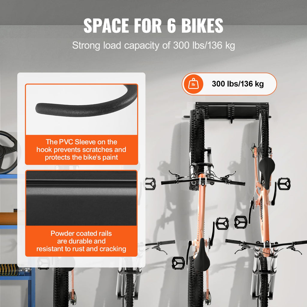 Vevor Bike Storage Rack, 6 Bike Racks And 3 Helmets Hooks, Wall Mount Bike Storage Hanger, Home & Garage Organizer, Customizable