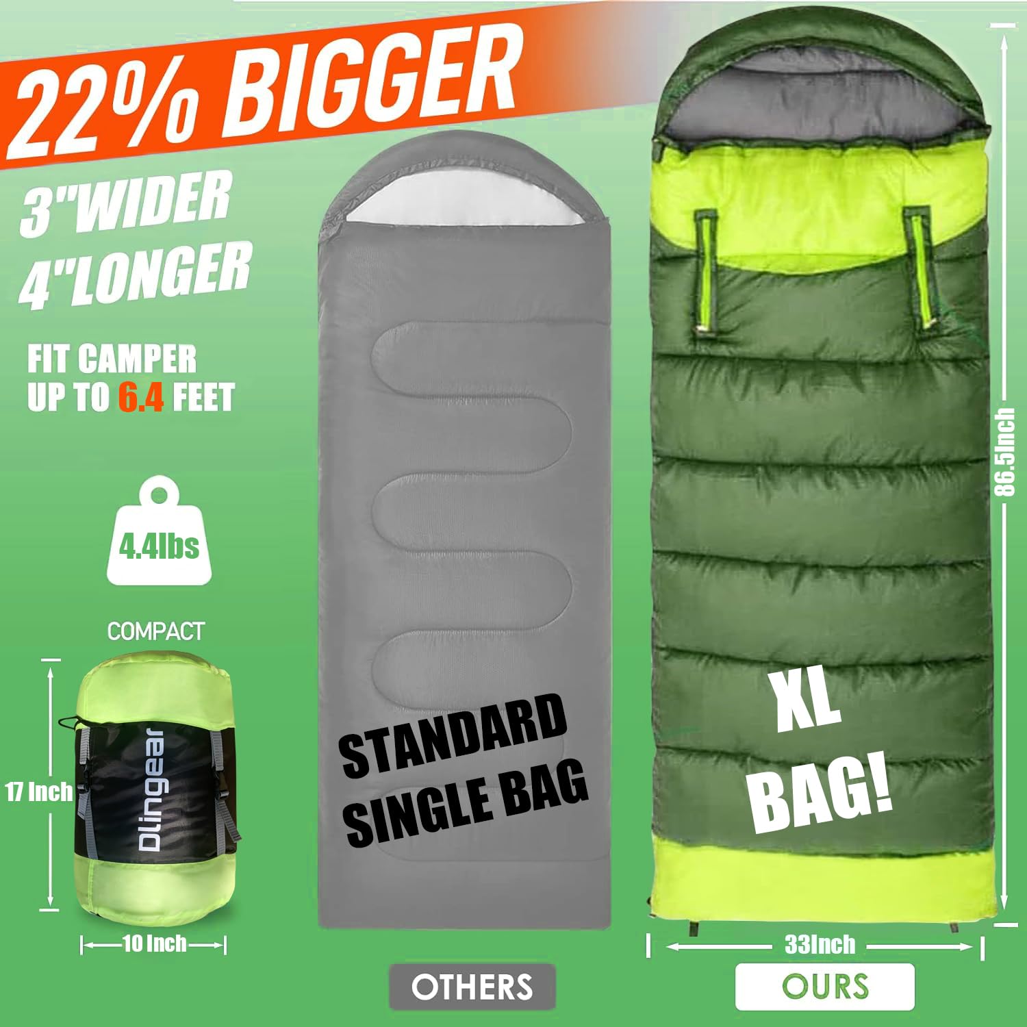 Dlingear 0 Degree Wearable Sleeping Bag For Adults And Kids, Xl Winter Temp Range (32F-59F) 4.3 Lbs Cold Weather Waterproof Slee