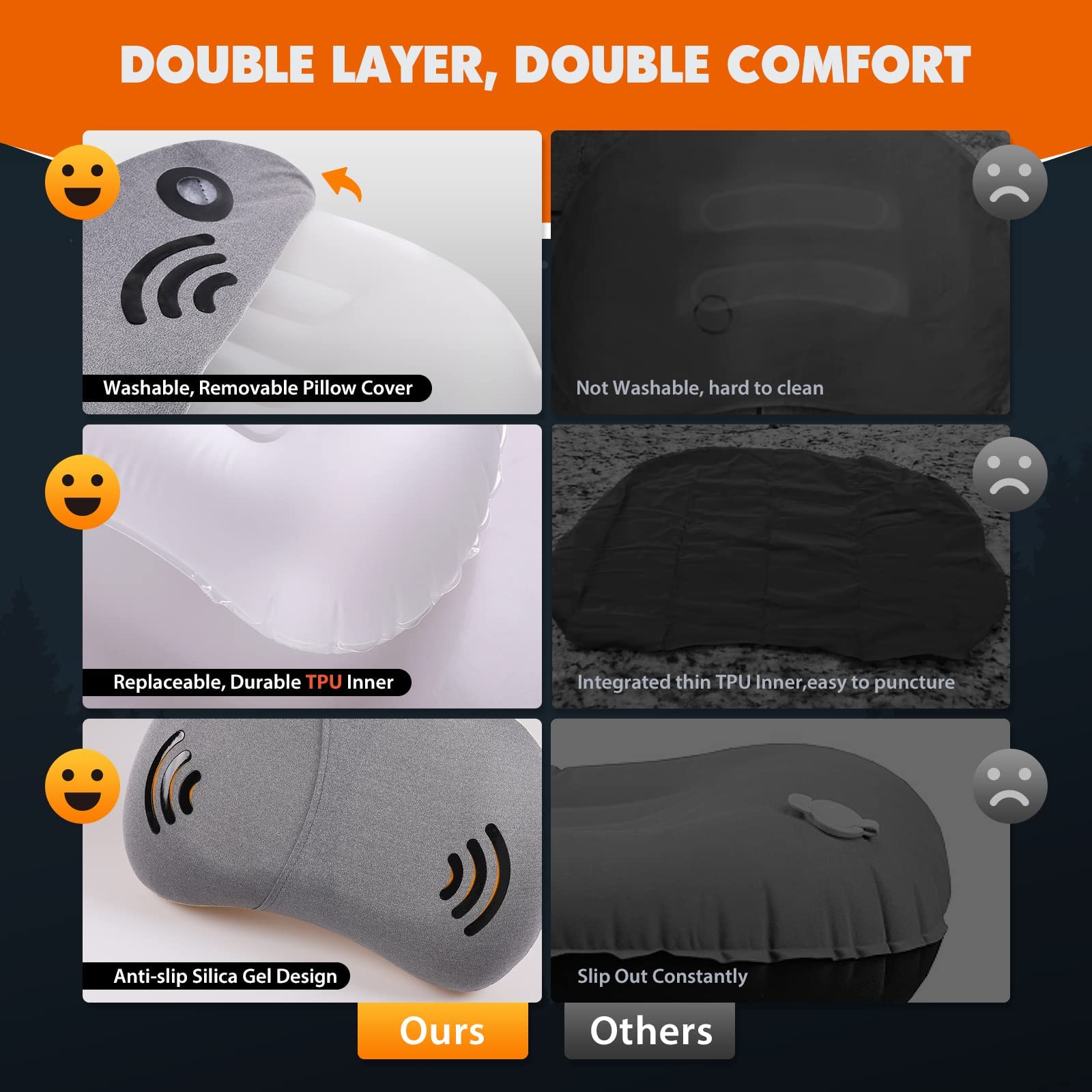 Hikenture Camping Pillow, Inflatable Air Pillow With Removable Cover, Backpacking Pillow For Sleeping, Ultralight Blow Up Pillow