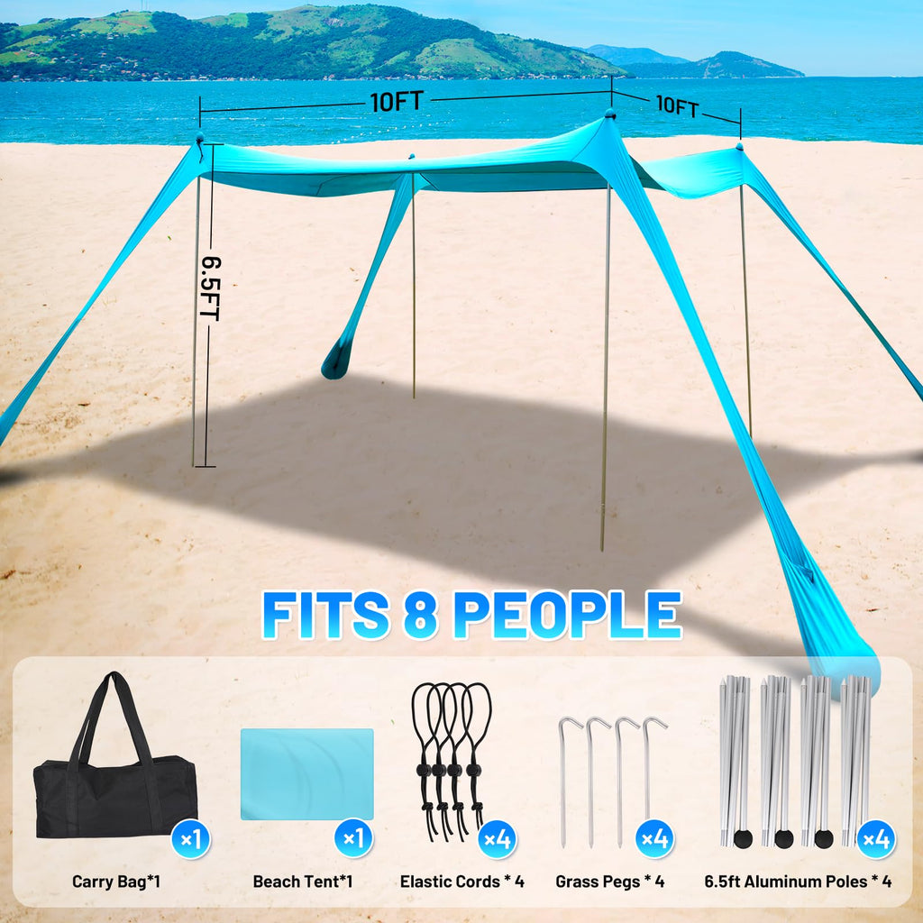 Botindo Family Beach Tent Canopy Sun Shade, Pop Up Grande Beach Tent Sun Shelter Stability 4 Poles With Portable Carry Bag Outdo