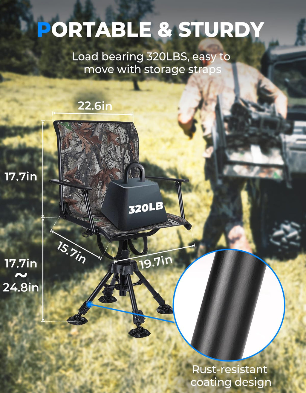 Kemimoto 360 Degree Silent Swivel Blind Hunting Chair, 320 Lbs Camo Height Adjustable Quick Folding Portable Comfortable Hunting