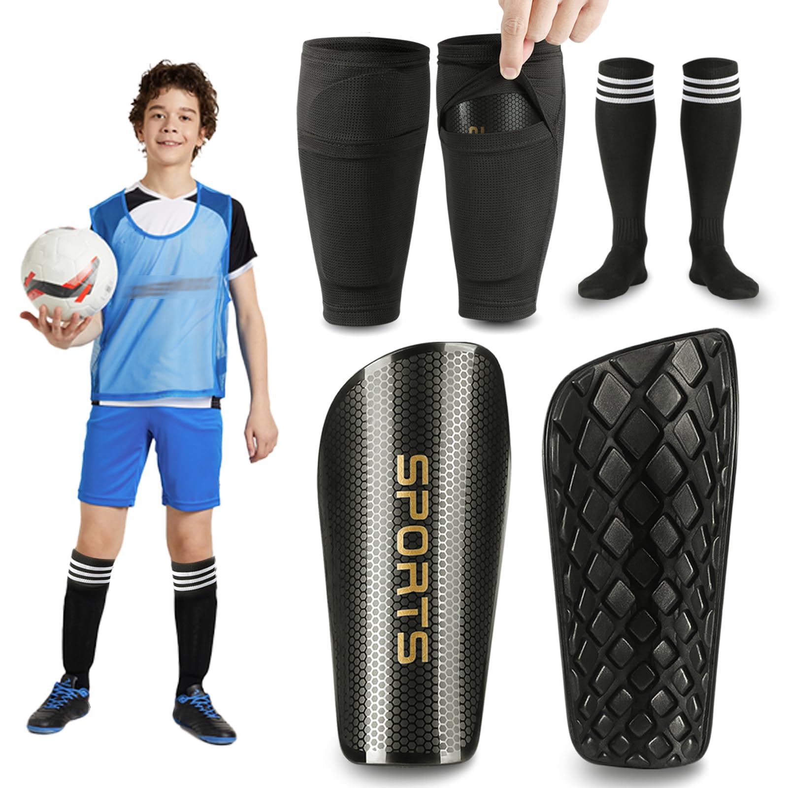 Soccer Shin Guards For Kids Youth - Shin Pads Set With Shin Sleeves And Long Soccer Socks For Age 3-16 Boys And Girls - Lightwei
