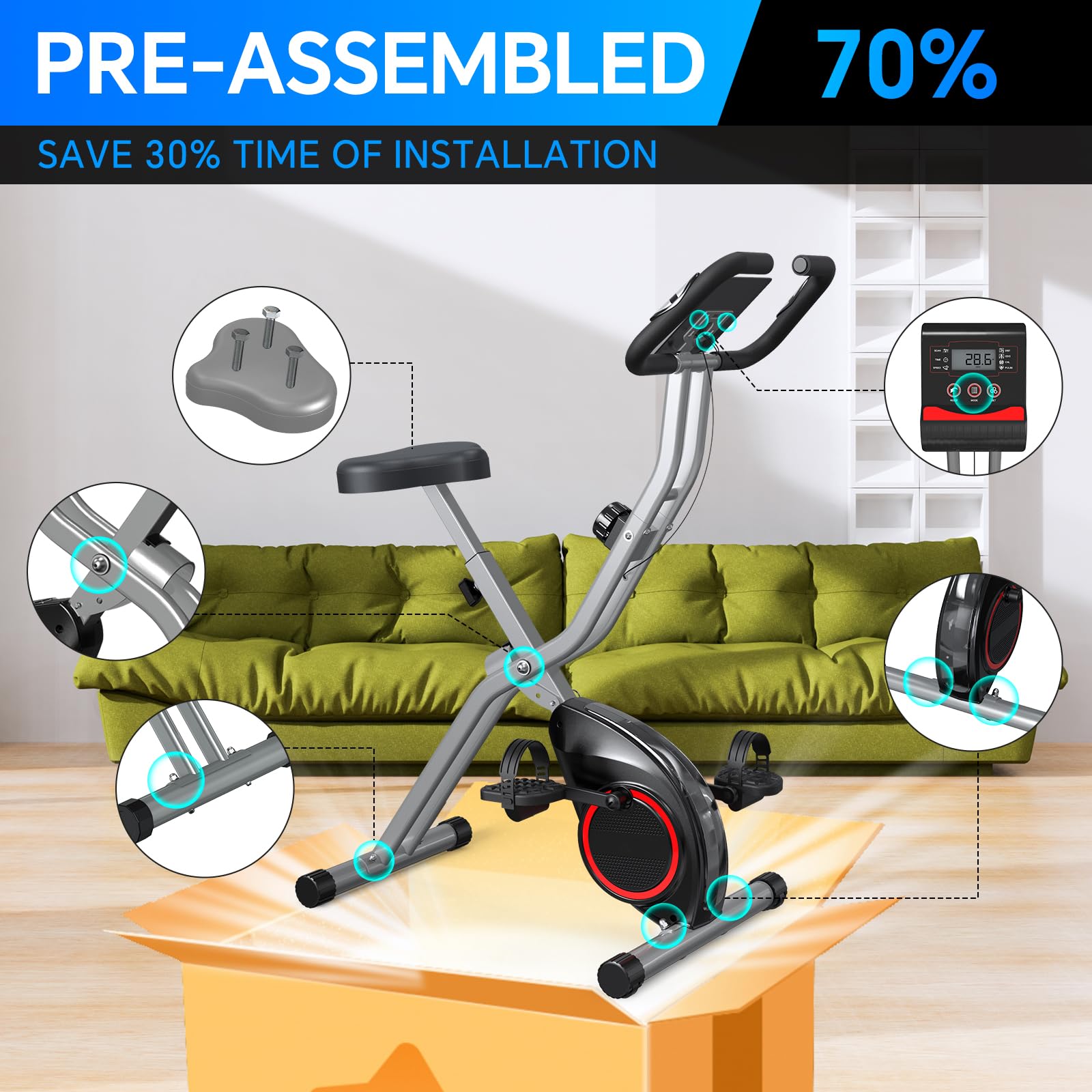 Portable Exercise Bike, Lightweight Stationary Bikes for Home Workout, Foldable Indoor Cycling Bike for Seniors, 260LB Capacity,