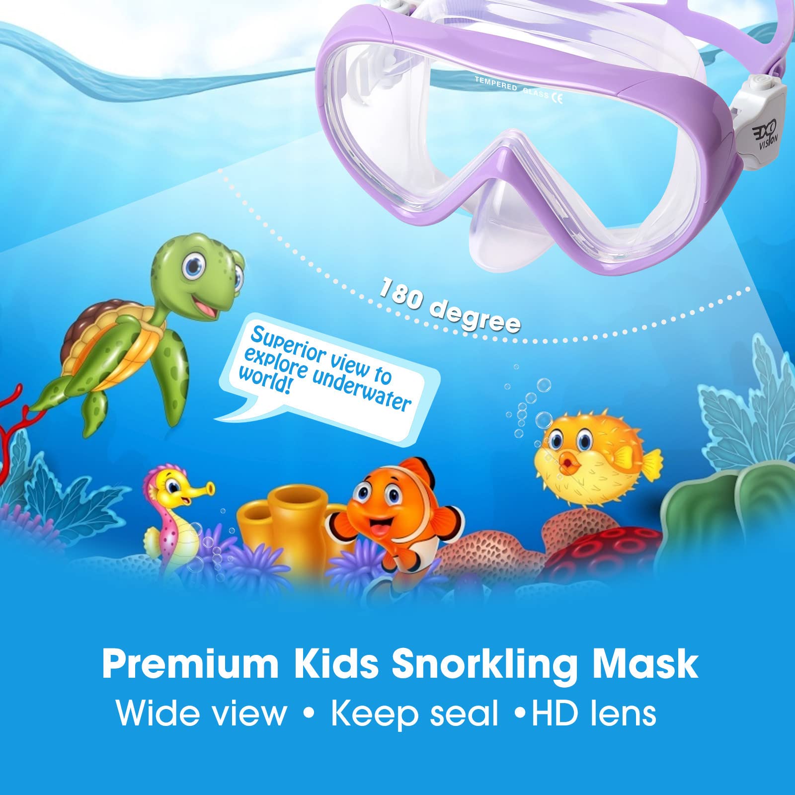 Kids Snorkel Swim Mask, Child Diving Mask Anti-Fog Swim Goggles With Nose Cover For Snorkeling Diving Swimming (Purple)