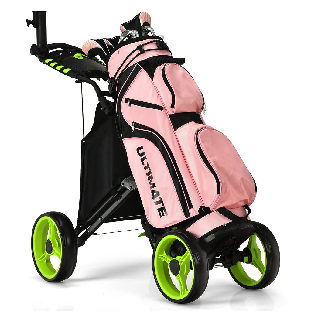 Gymax Folding Golf Push Cart, Height Adjustable Portable Caddy Cart With Umbrella Holder, Waterproof Bag, Built-In Cooler & Foot