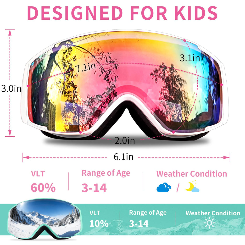 Freela 2 Pack Kids Ski Goggles 4-6 10-12 8-12 6-14, Pink&Green Skiing Snowboarding Snowmobile Winter Snow Glasses, Anti Fog UV P