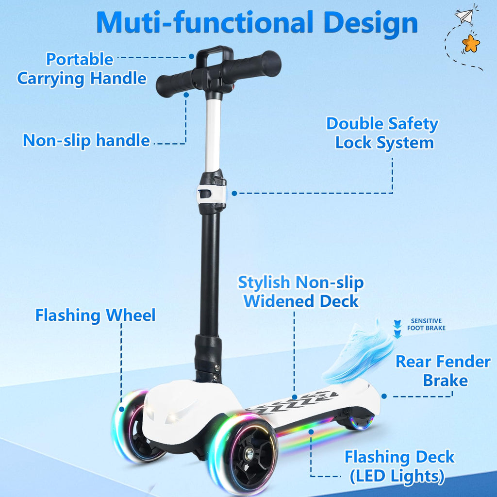 Electric Scooter for Kids Ages 3-12, 3-Wheel Foldable Scooter with Full Body Lights, Wide Deck,3 Adjustable Heights, 5MPH Safe S