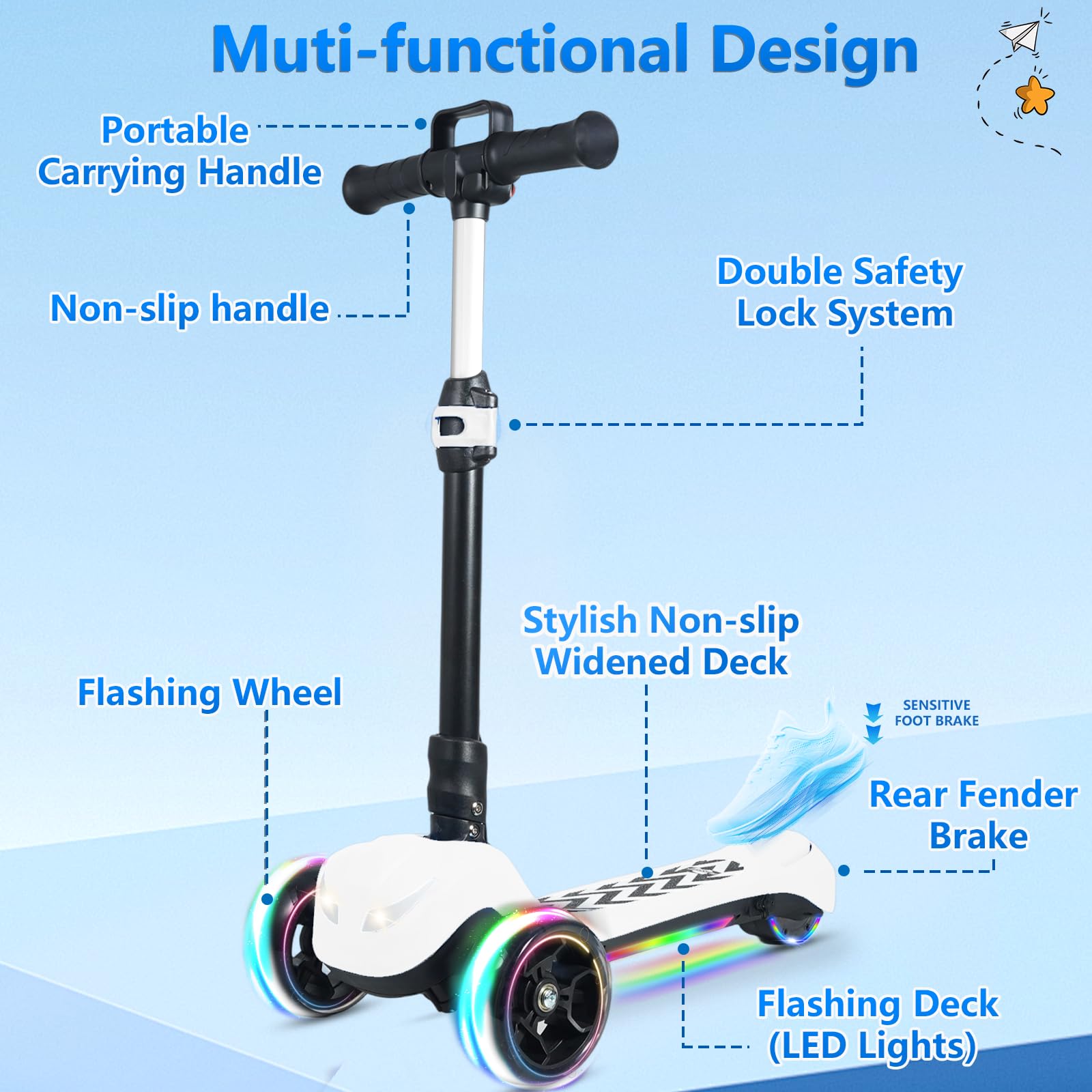 Electric Scooter for Kids Ages 3-12, 3-Wheel Foldable Scooter with Full Body Lights, Wide Deck,3 Adjustable Heights, 5MPH Safe S