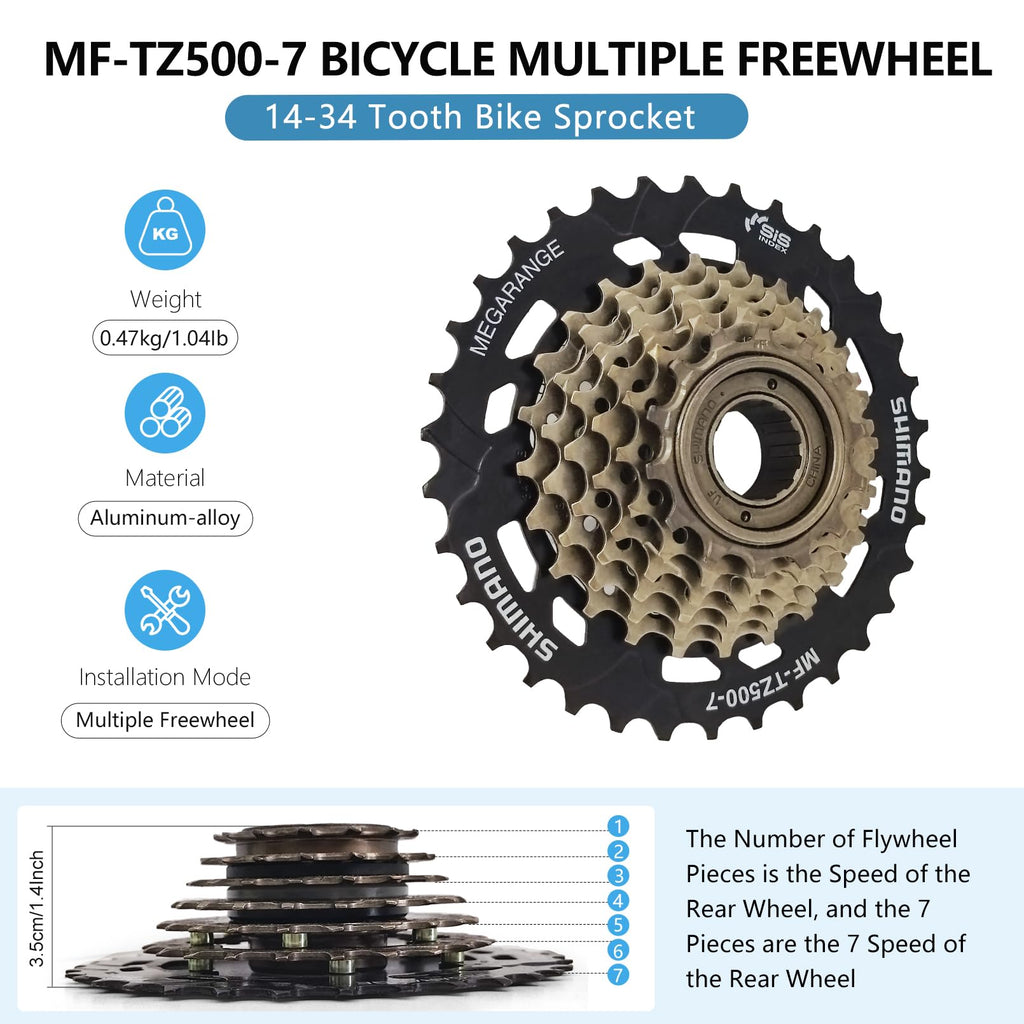 Rainflowwer Shimano 7 Speed Bike Cassette, Mf-Tz500-7 Bicycle Cassette 14-34T Multiple Cassette Cycling Replacement Part