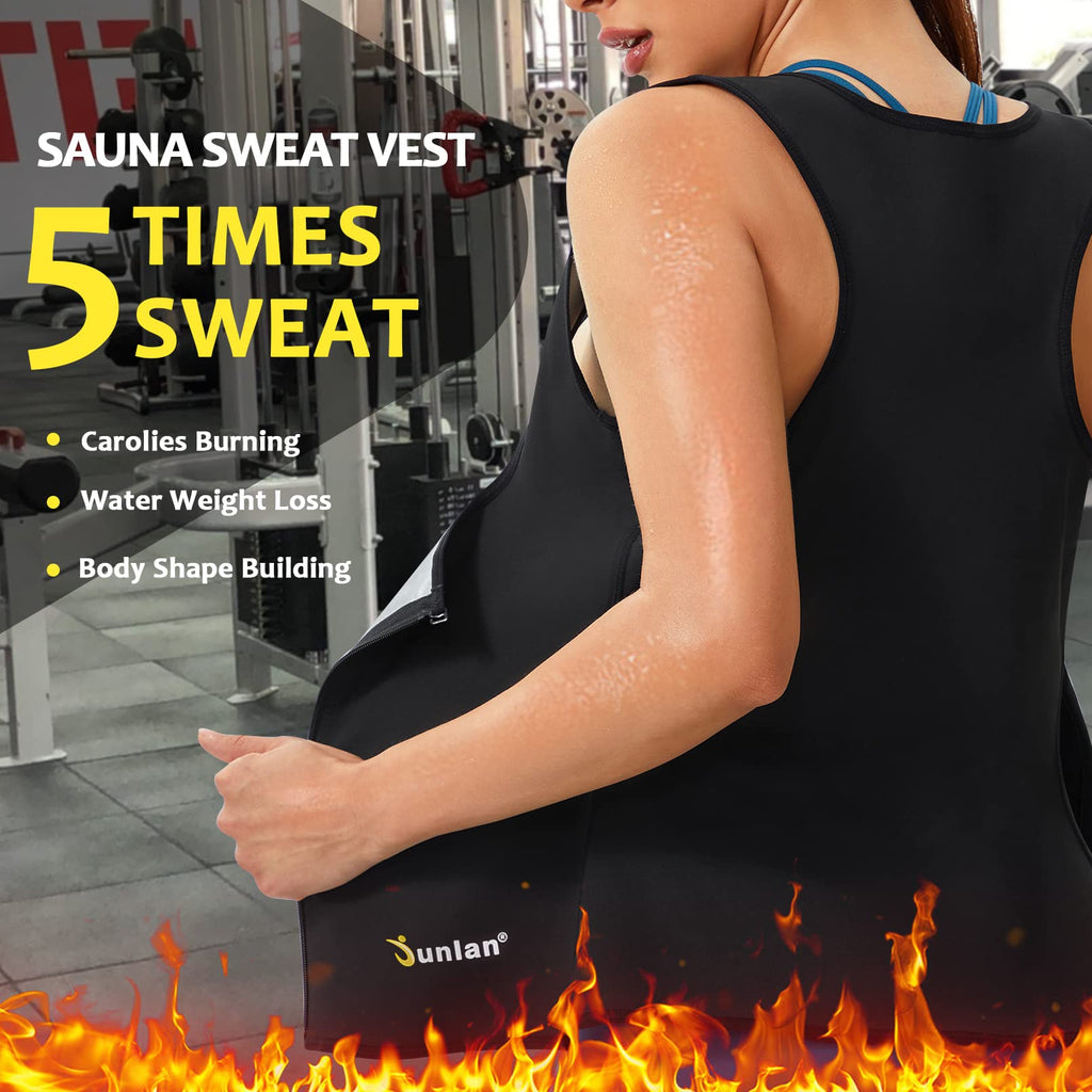 Junlan Sauna Suit For Women Waist Trainer Vest For Women Sweat Tank Top Shaper For Women With Zipper (Black, Medium)