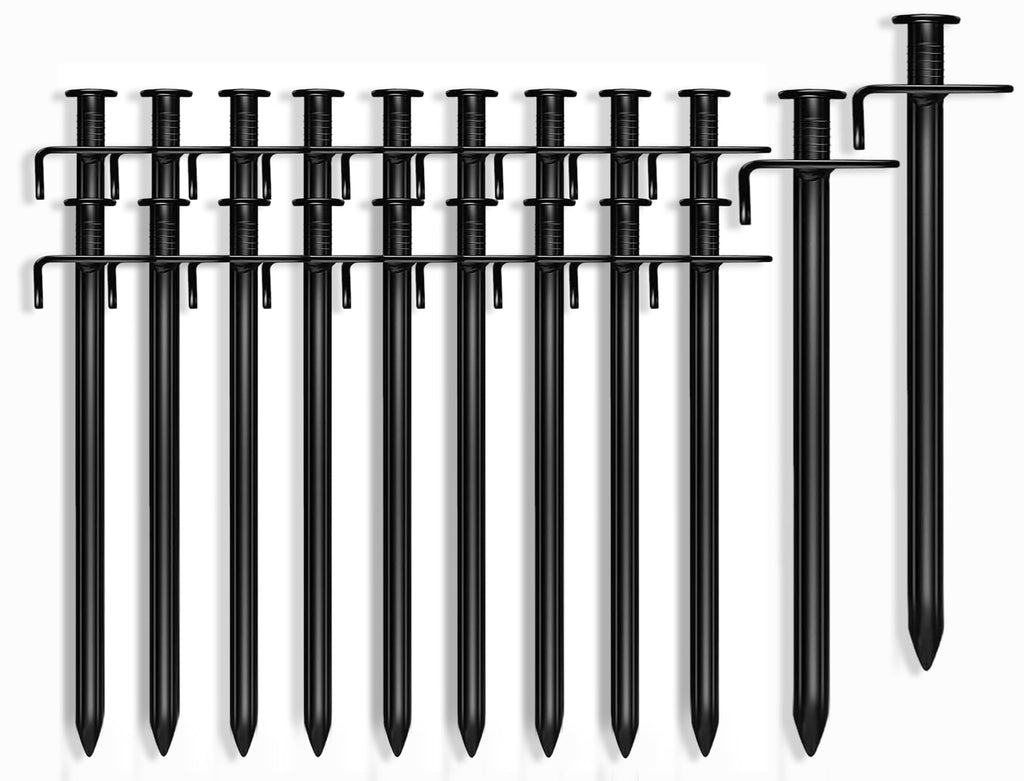 Cheardia 20 Pack Tent Stakes Heavy Duty, 10 Inch Outdoor Camping Pegs Stakes Black Metal Ground Stakes Spikes For Tent Tarp Cano