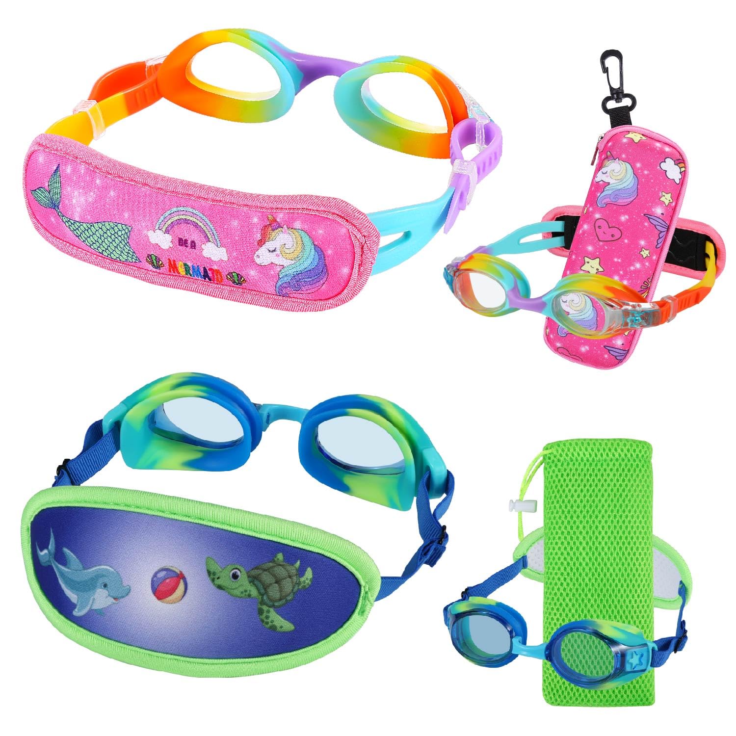 Ruigao Kids Swim Goggles Age 2-6, Toddler Goggles No Hair Pull,Child Goggles Padded Headband (2Pk - Rainbow/Turtle)
