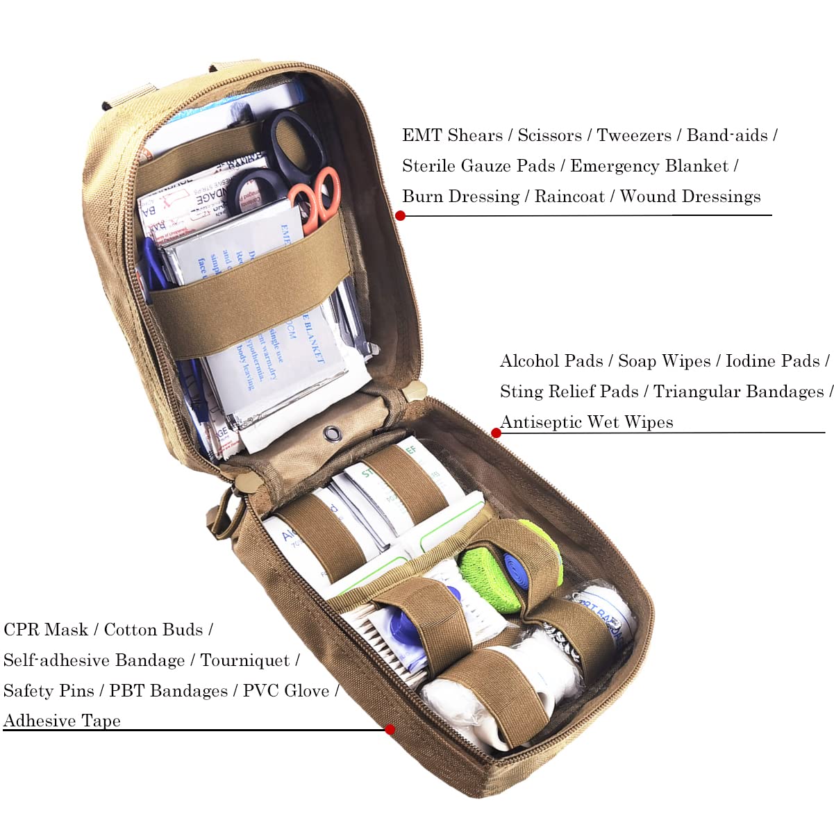 Carlebben Emt Pouch Molle Ifak Pouch Tactical Molle Medical First Aid Kit Utility Pouch (With Medical Supplies Tan)
