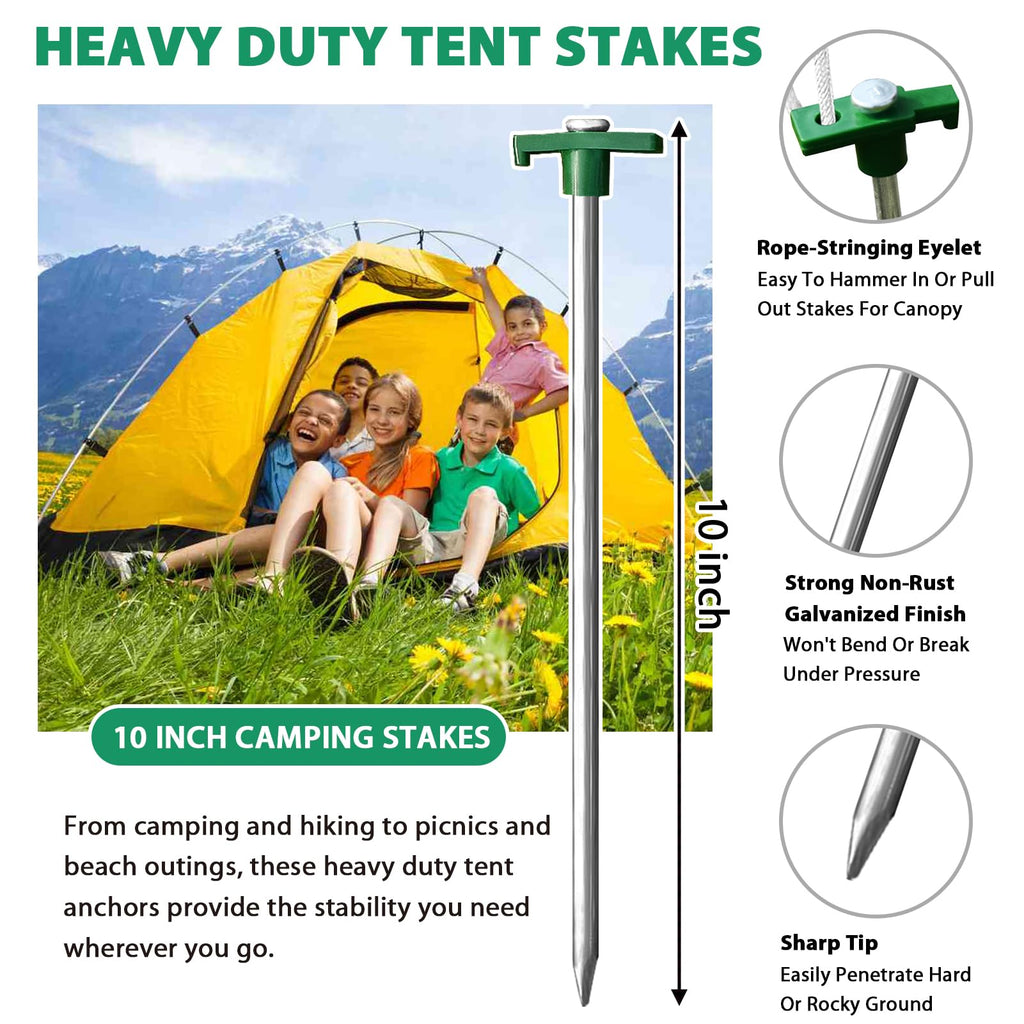 Eurmax Usa Galvanized Non-Rust Camping Family Tent Pop Up Tent Stakes Ice Tools Heavy Duty 10Pc-Pack, With 4X10Ft Ropes & 1 Gree